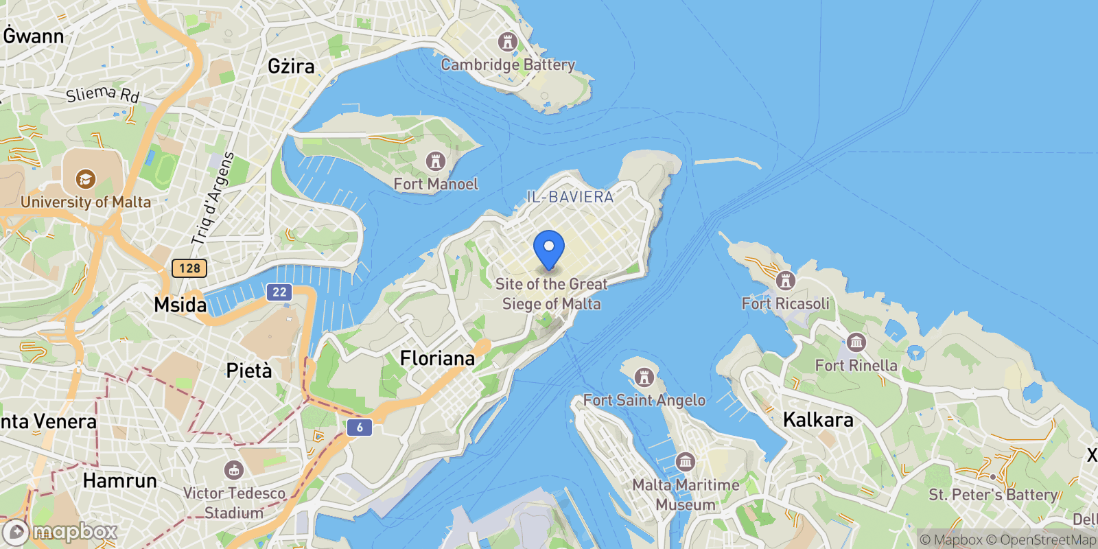 Map showing Valletta, Malta.