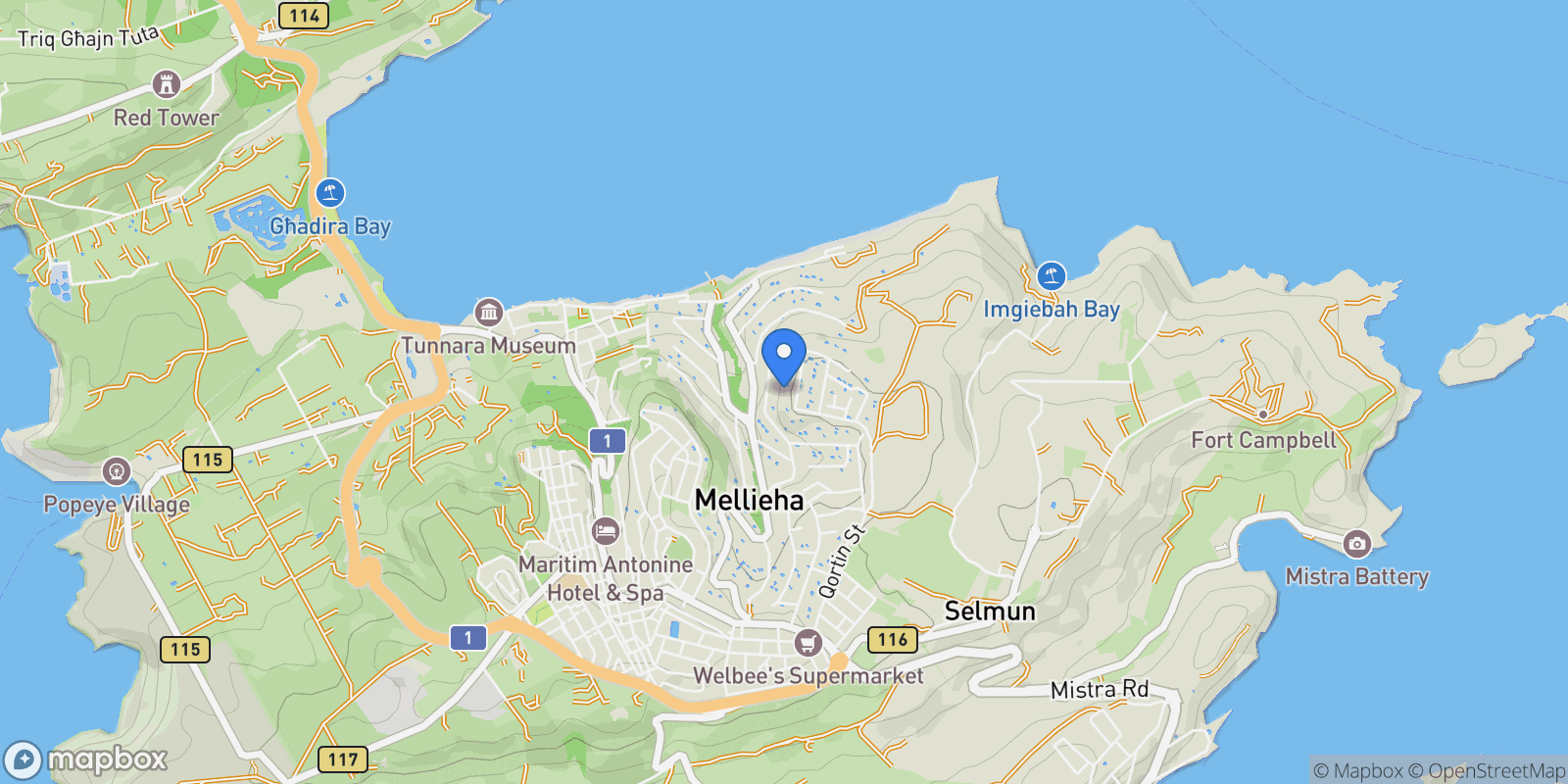 Map showing Mellieha, Malta.
