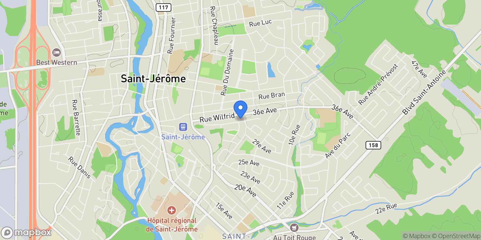 Map showing 589 591 Rue Leroux, Saint-Jérôme, Quebec, Canada.