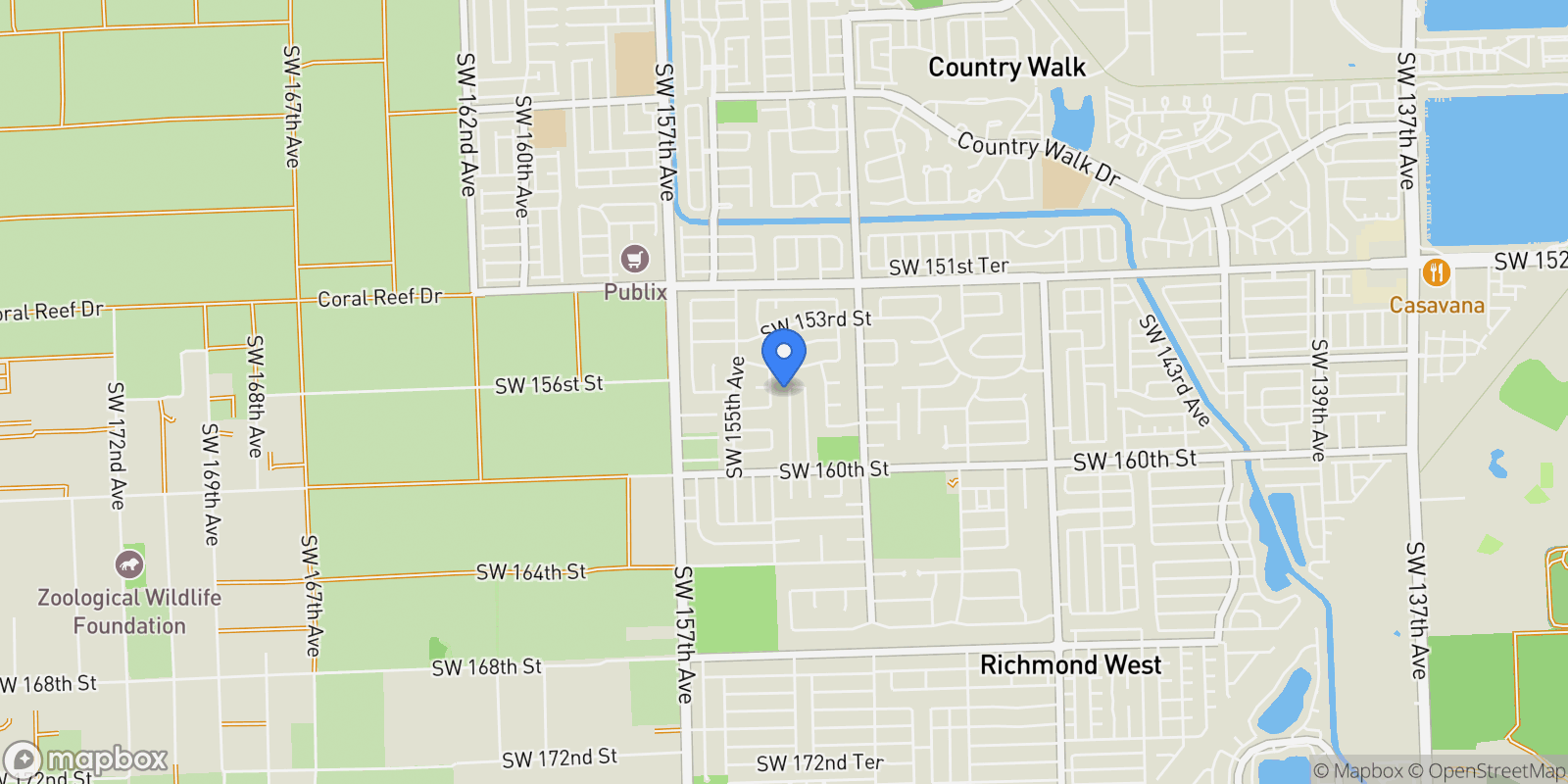 Map showing 15690 SW 153rd Ct, Miami, Florida, United States.