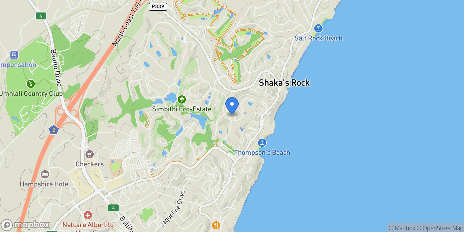 Map showing South Africa, KwaZulu Natal, Ballito, Tamboti, 4, Dolphin Coast, KwaZulu-Natal, South Africa.