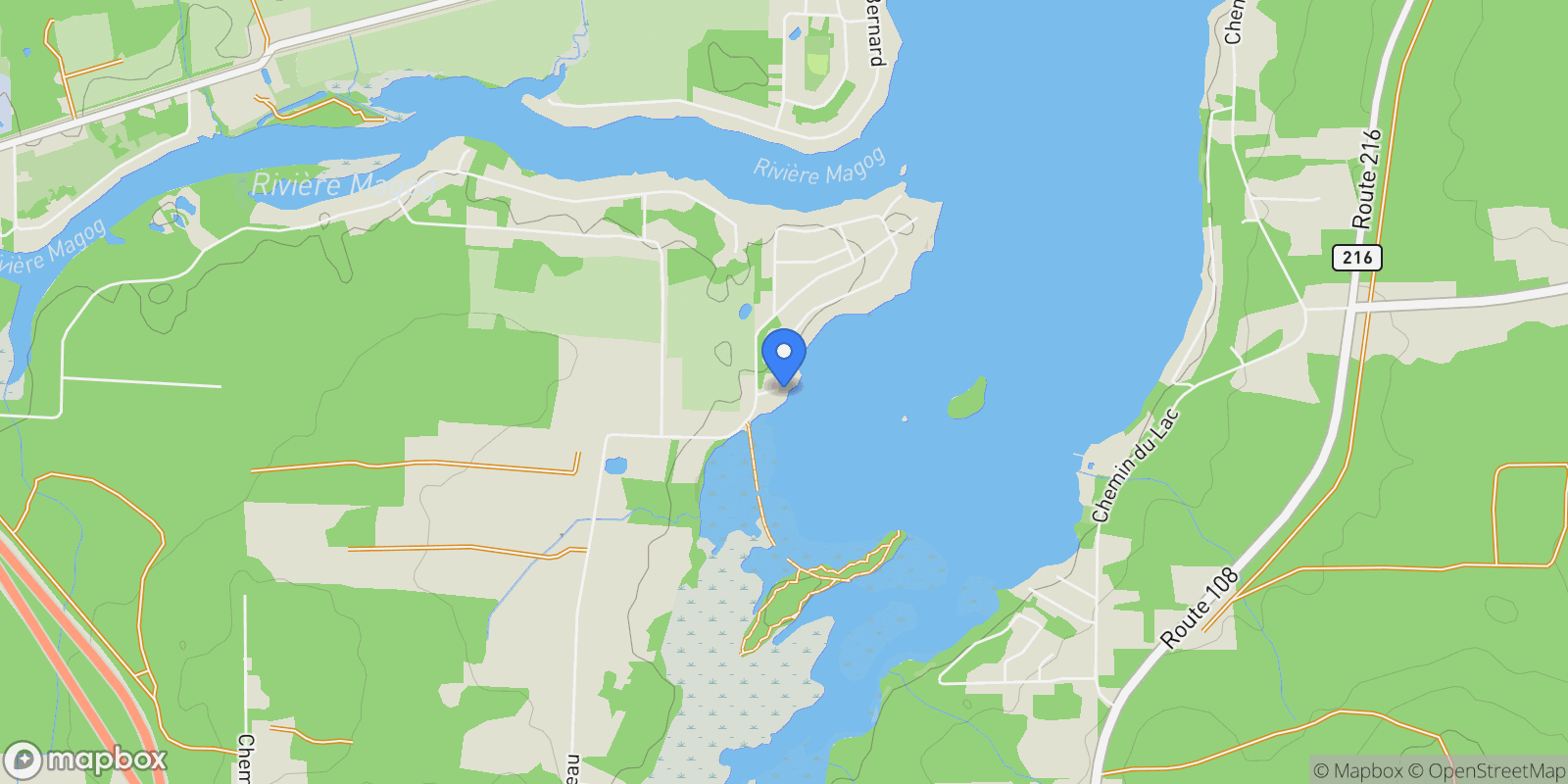 Map showing 335 Rue du Bord-de-l'Eau, Sainte-Catherine-de-Hatley, Quebec, Canada.
