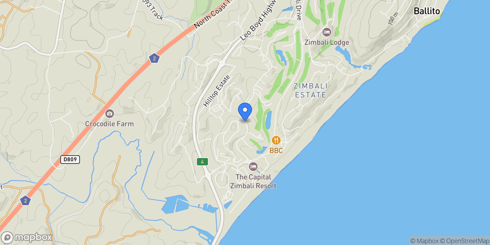 Map showing Zimbali Estate, Dolphin Coast, South Africa, Dolphin Coast, KwaZulu-Natal, South Africa.