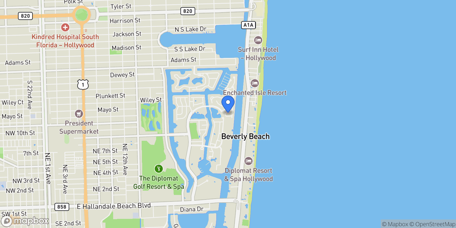 Map showing 822 Meridian Ln, Hollywood, Florida, United States.