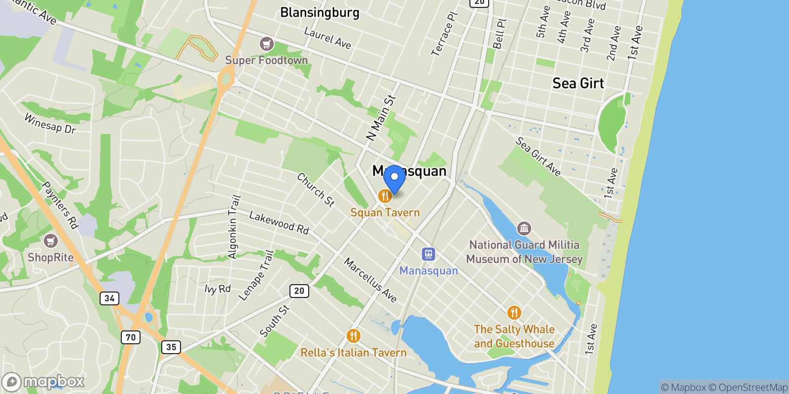 Map showing 34 Broad Street, Unit 306, Manasquan, NJ 08736, Manasquan, New Jersey, United States.