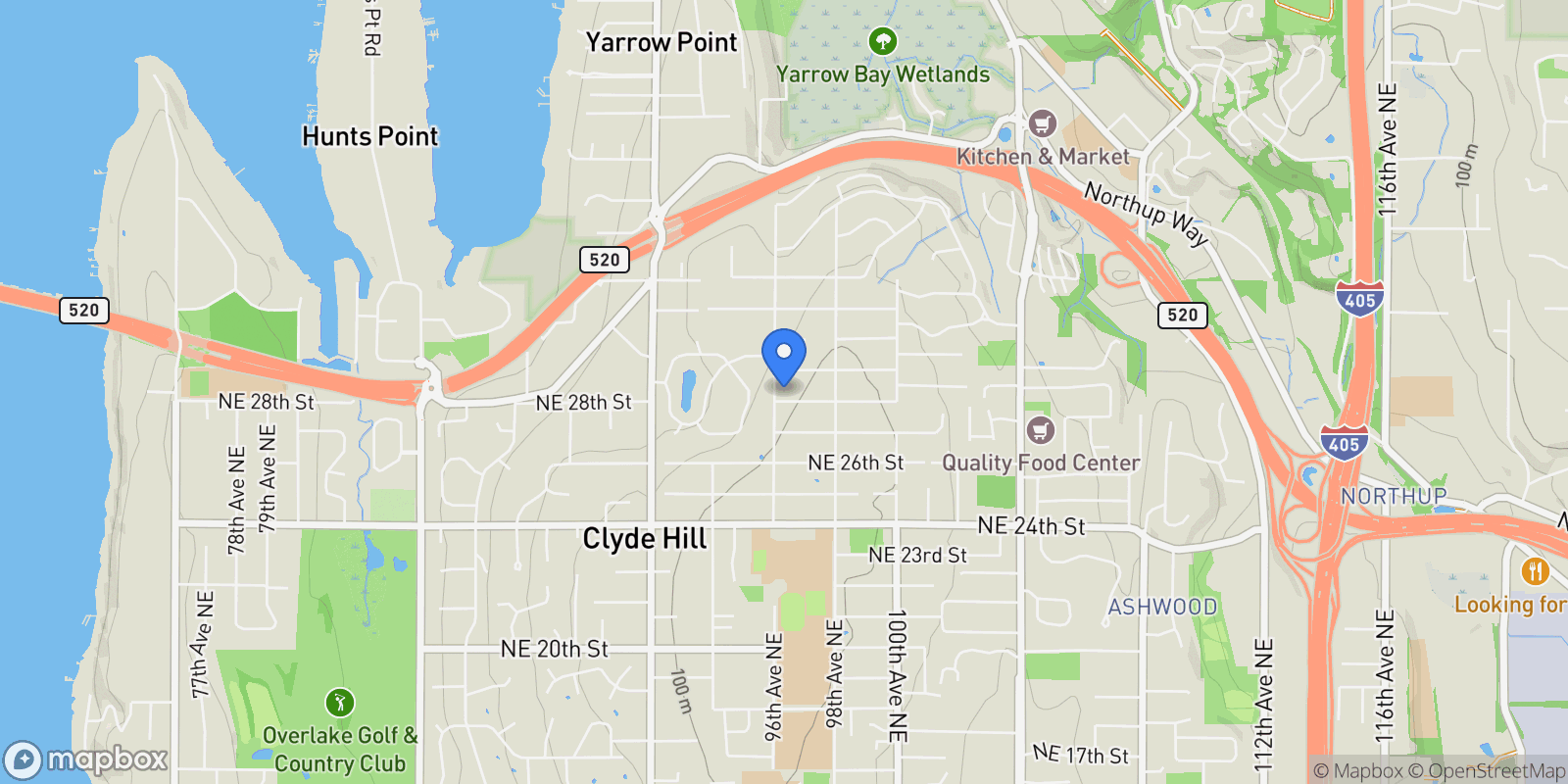 Map showing 9600 Northeast 28th Street , Clyde Hill, WA 98004, Bellevue, Washington, United States.