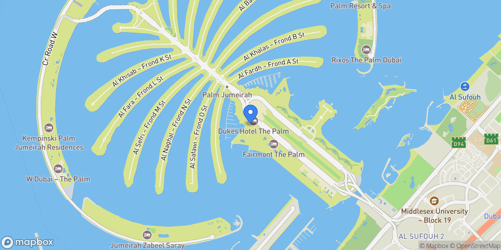 Map showing Palm Jumeirah, Palm Jumeirah, Dubai, Dubai, United Arab Emirates.