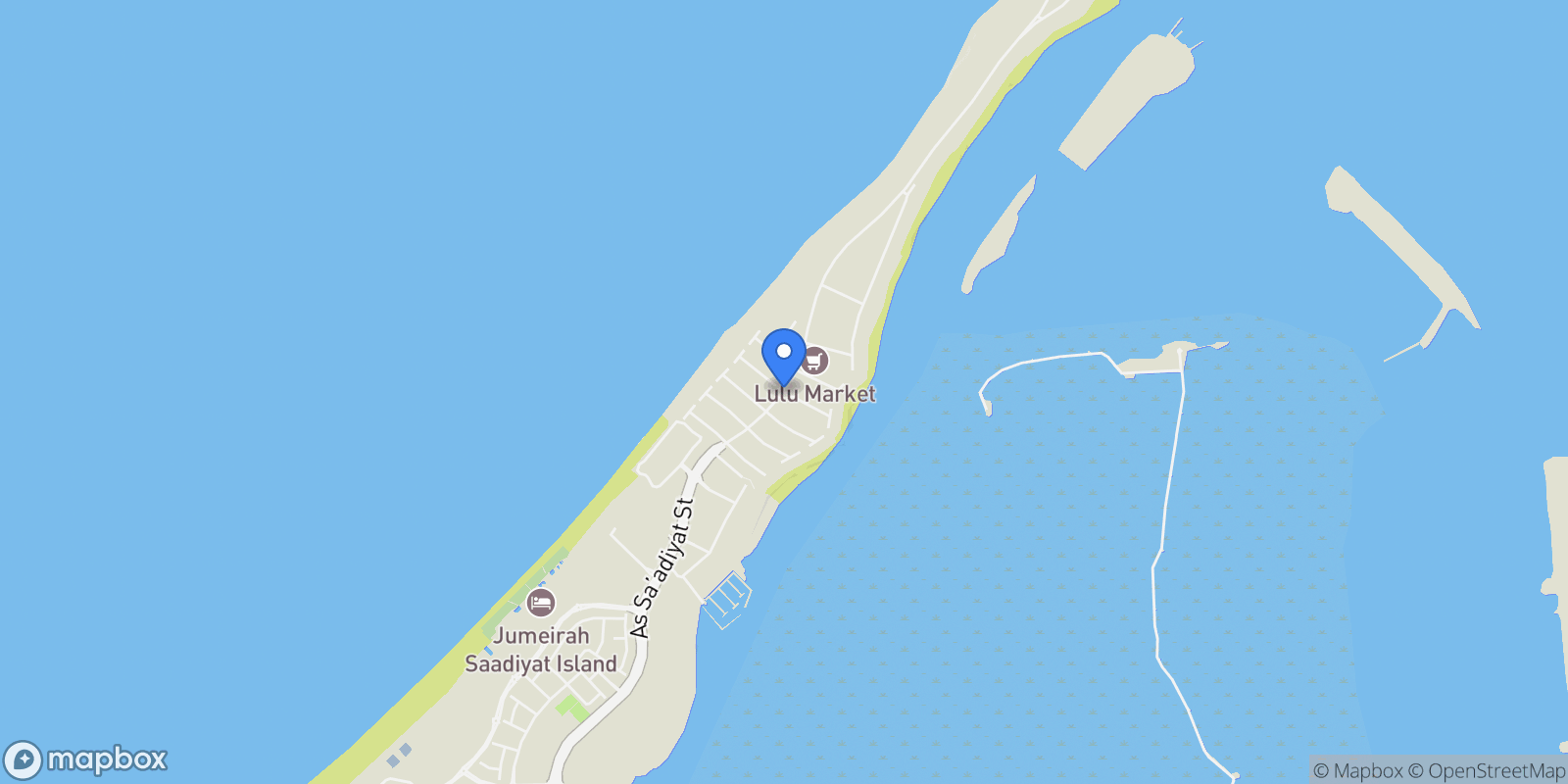 Map showing جزيرة السعديات - Hidd Al Saadiyat - أبو ظبي - United Arab Emirates, Abu Dhabi, Abu Dhabi, United Arab Emirates.