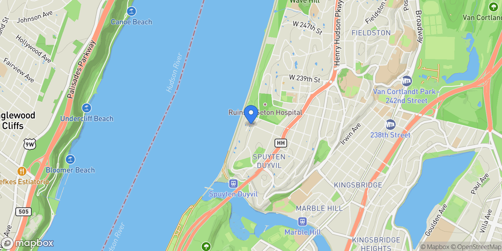 Map showing 800 W 231st Street, Bronx, NY 10463, New York, New York, United States.