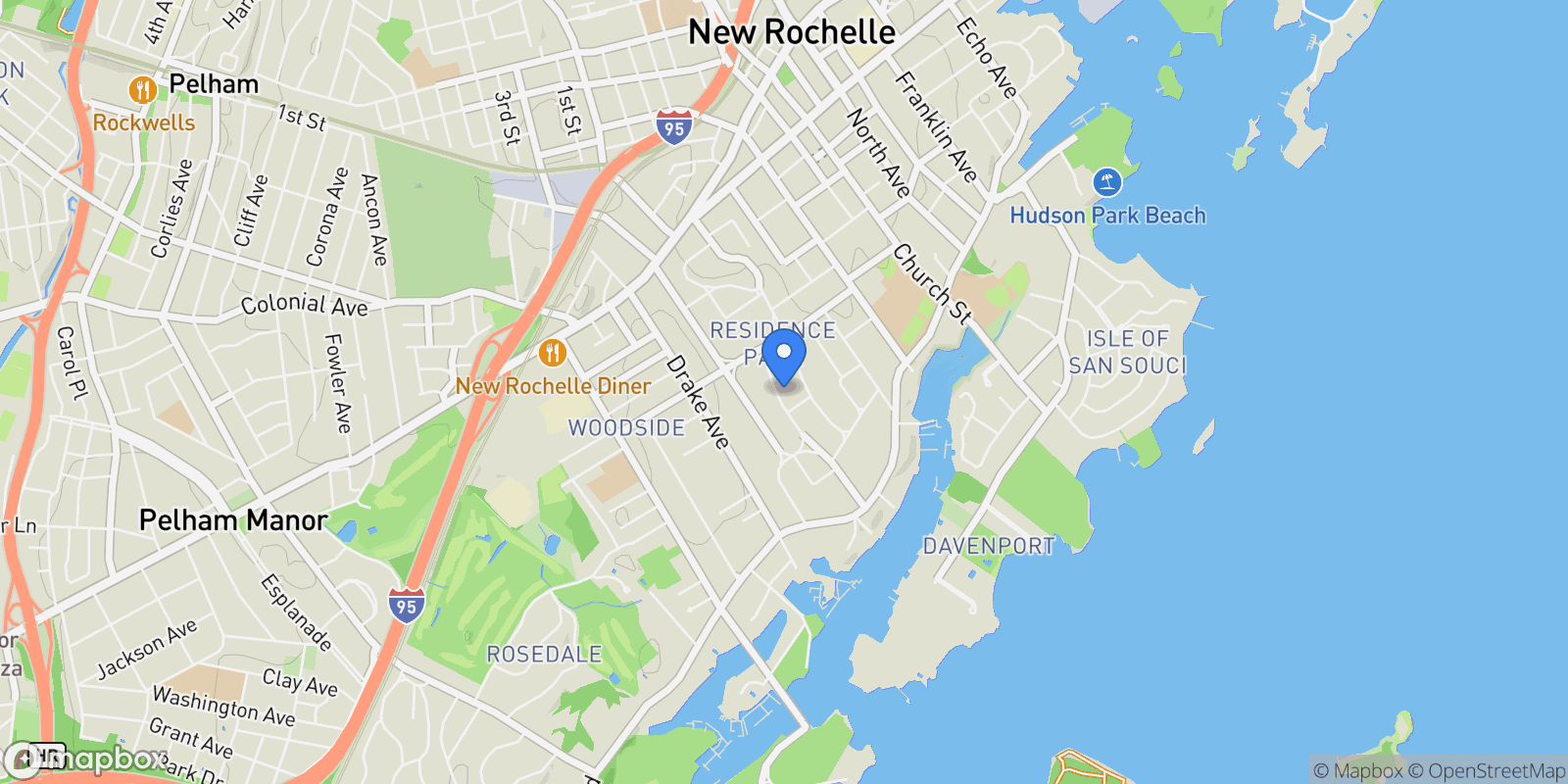 Map showing 46 Meadow Lane, New Rochelle, NY 10805, New Rochelle, New York, United States.