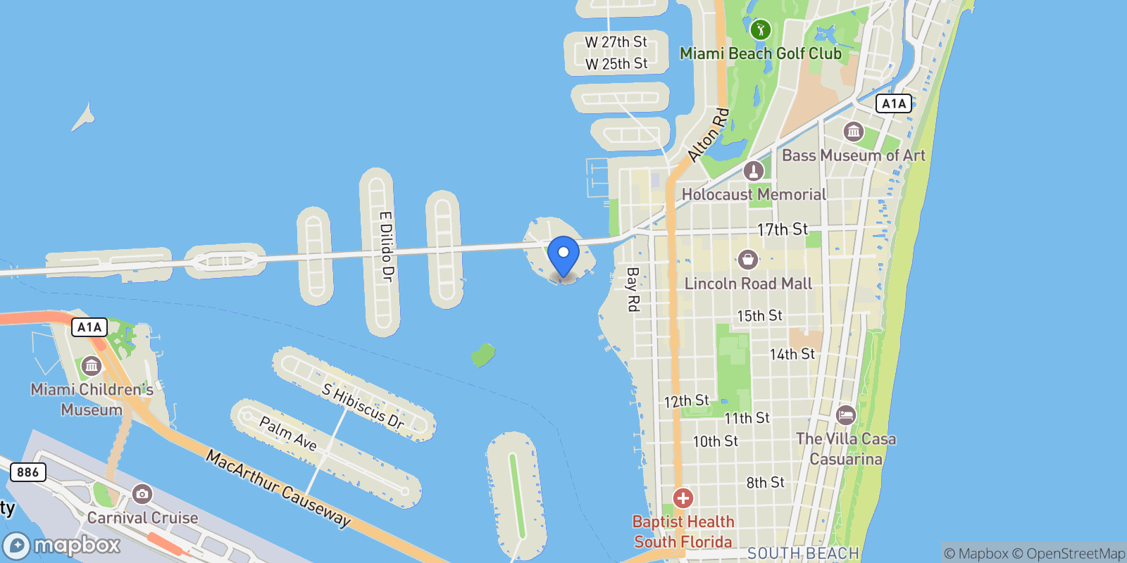 Map showing 11 Island Ave, Miami Beach, Florida, United States.