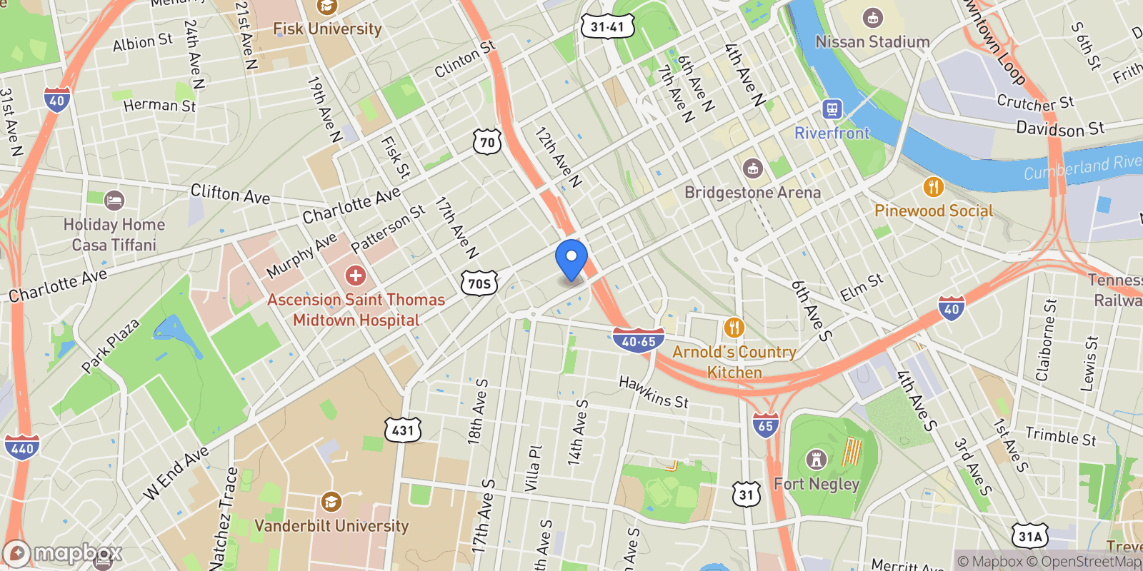 Map showing 1510 Demonbreun St, Nashville, TN 37203, Nashville, Tennessee, United States.