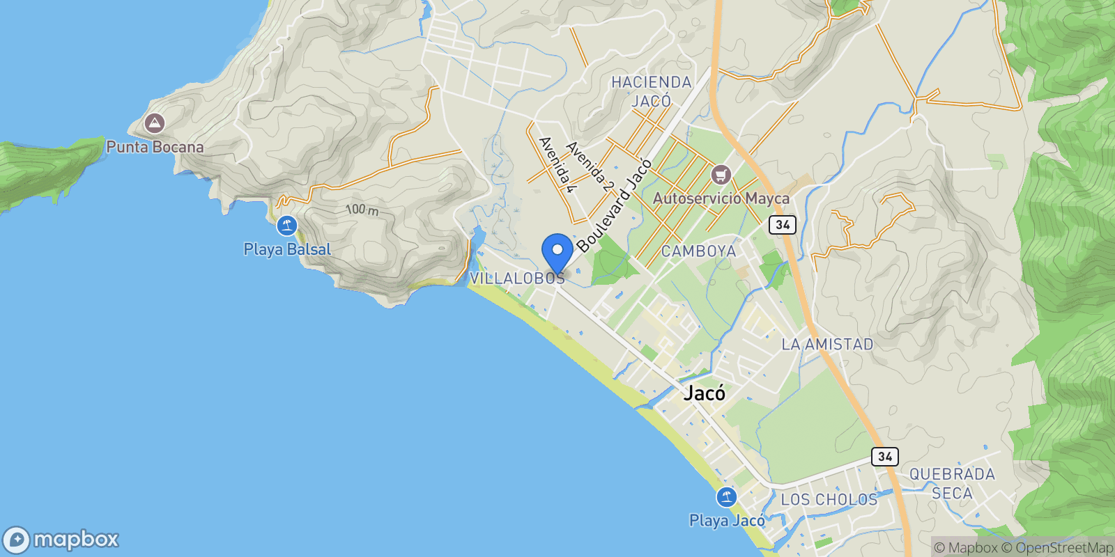 Map showing Playa Hermosa, Garabito, 61101, Jaco, P, Jaco, Puntarenas Province, Costa Rica.