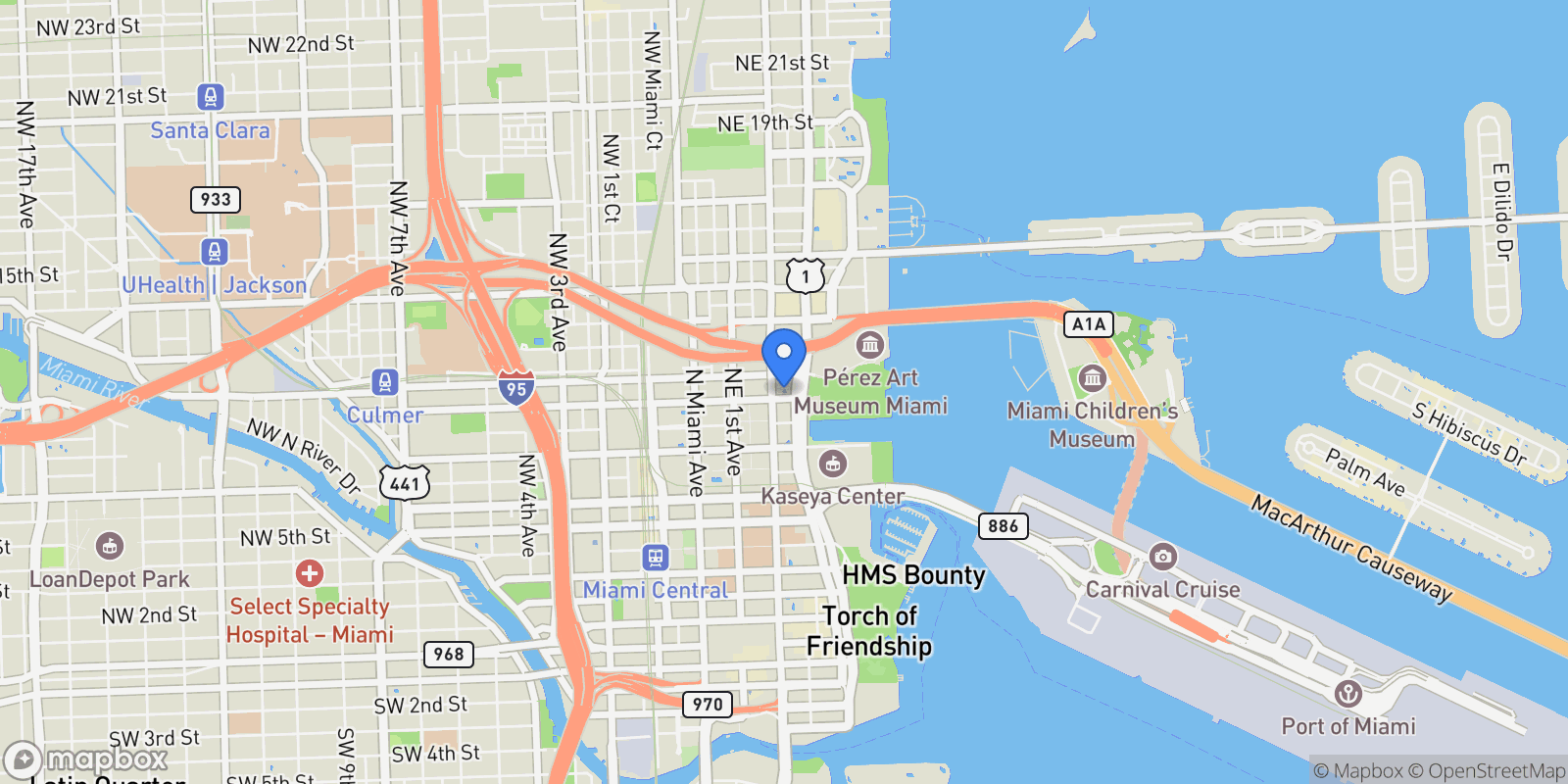 Map showing 1000 Biscayne Blvd, Miami, Florida, United States.