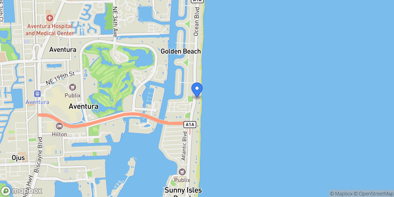 Map showing 105+115 Ocean Blvd, Golden Beach, Florida, United States.