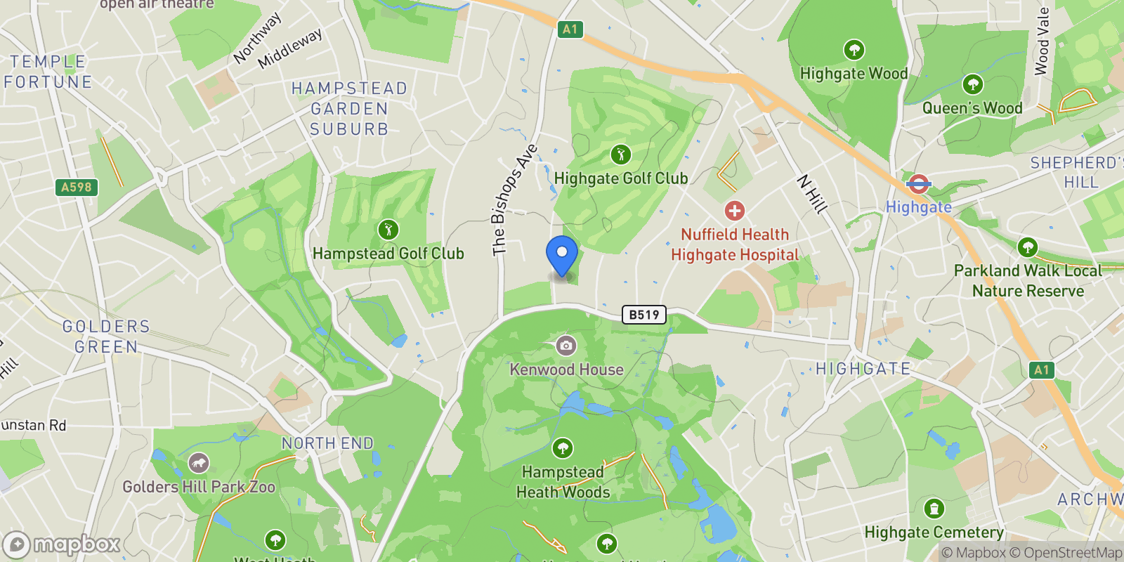 Map showing Highgate / Kenwood – N6, N2, London, United Kingdom.