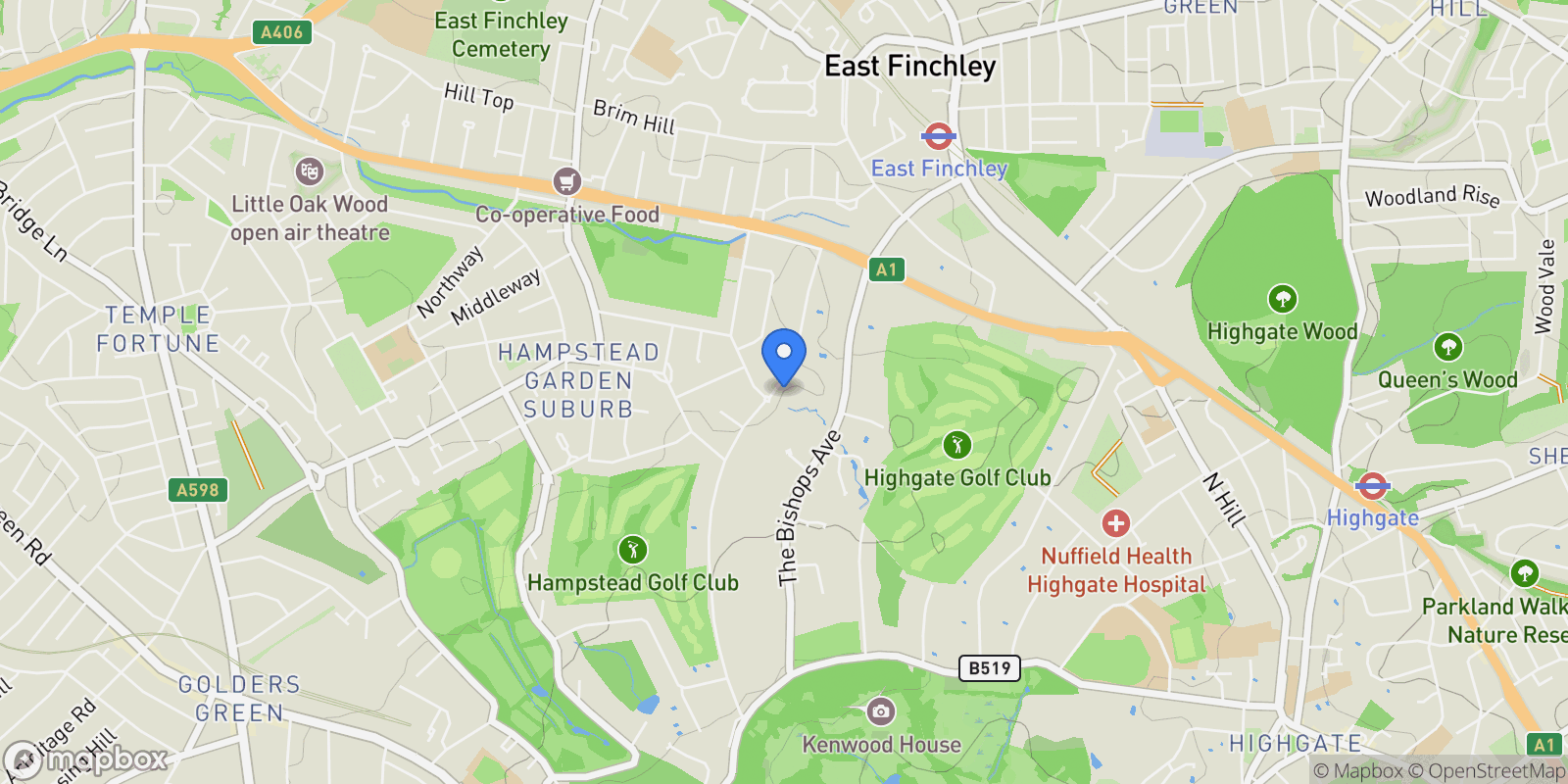 Map showing Hampstead Garden Suburb – N2 , NW11, London, England, United Kingdom.