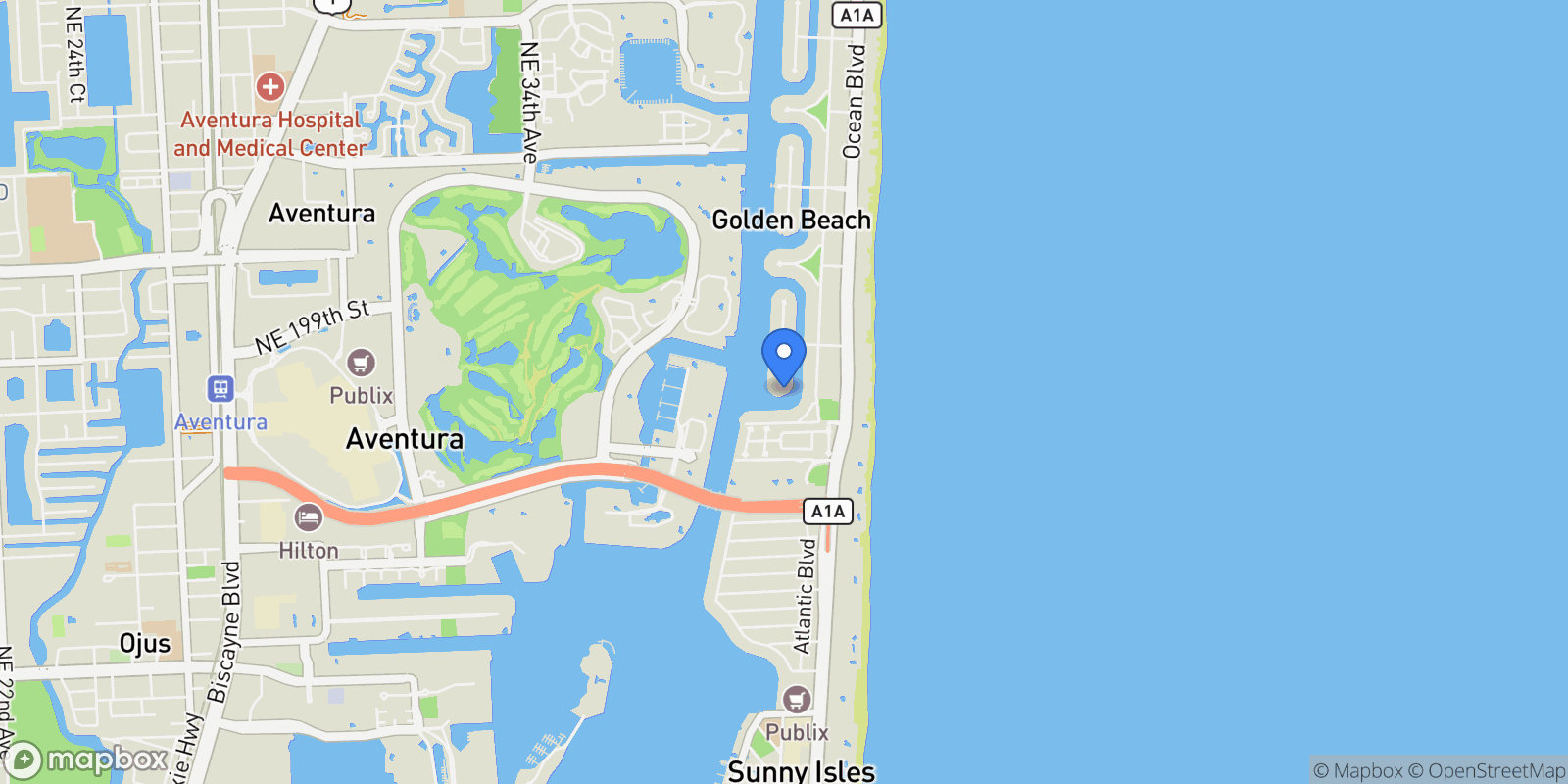 Map showing 142 S Island, Golden Beach, Florida, United States.