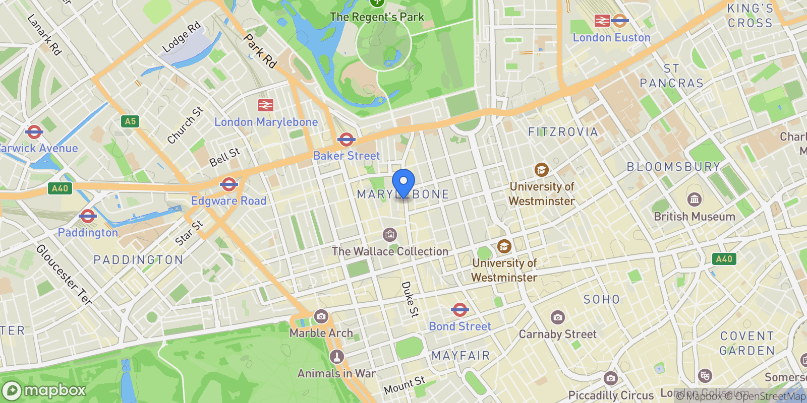 Map showing Marylebone – NW1, W1, London, England, United Kingdom.