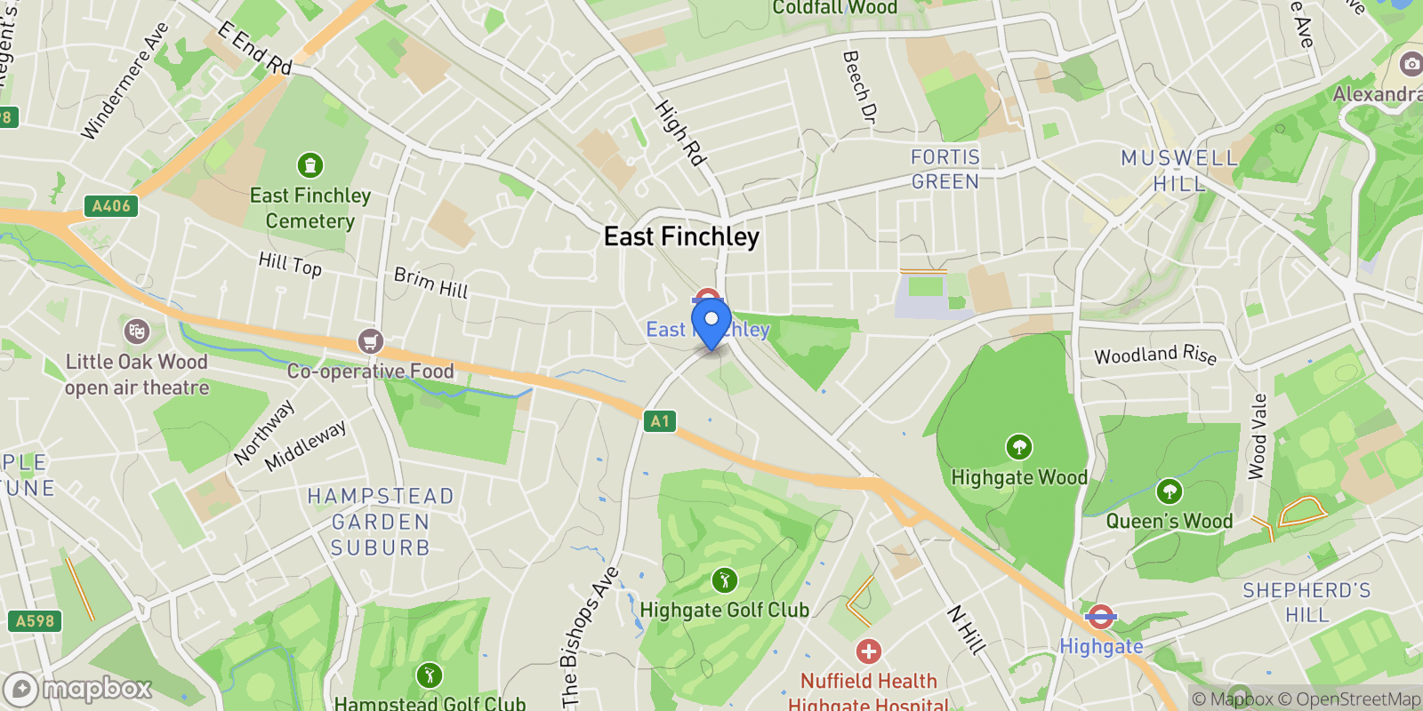Map showing Hampstead Garden Suburb – N2 , NW11, London, England, United Kingdom.