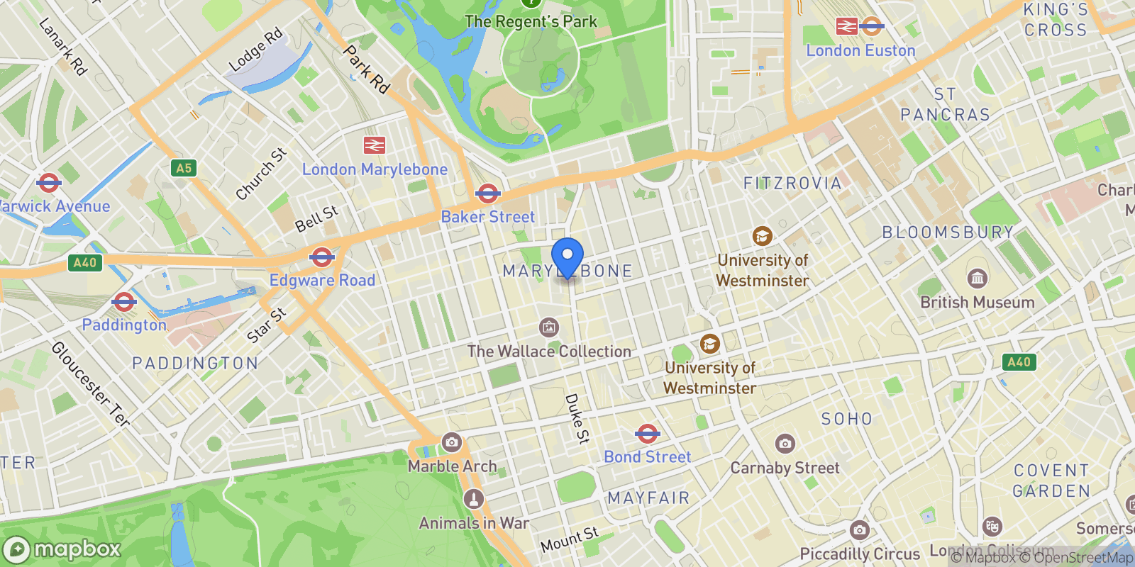 Map showing Marylebone – NW1, W1, London, England, United Kingdom.