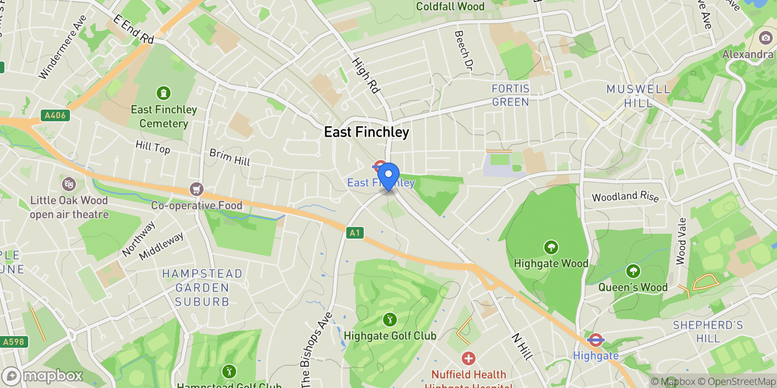 Map showing Hampstead Garden Suburb – N2 , NW11, London, England, United Kingdom.