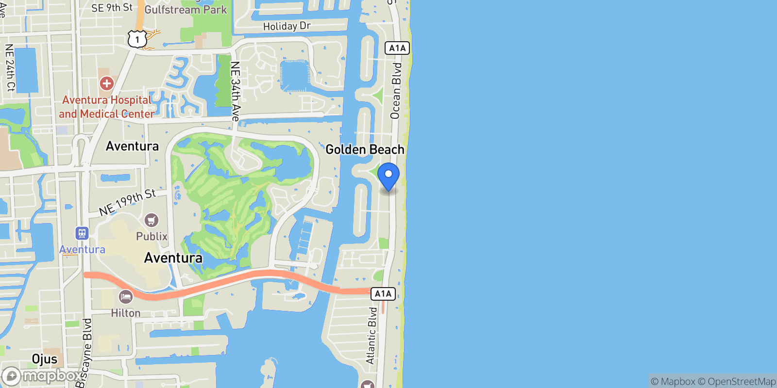 Map showing 250 Ocean Blvd , Golden Beach, FL 33160, Golden Beach, Florida, United States.