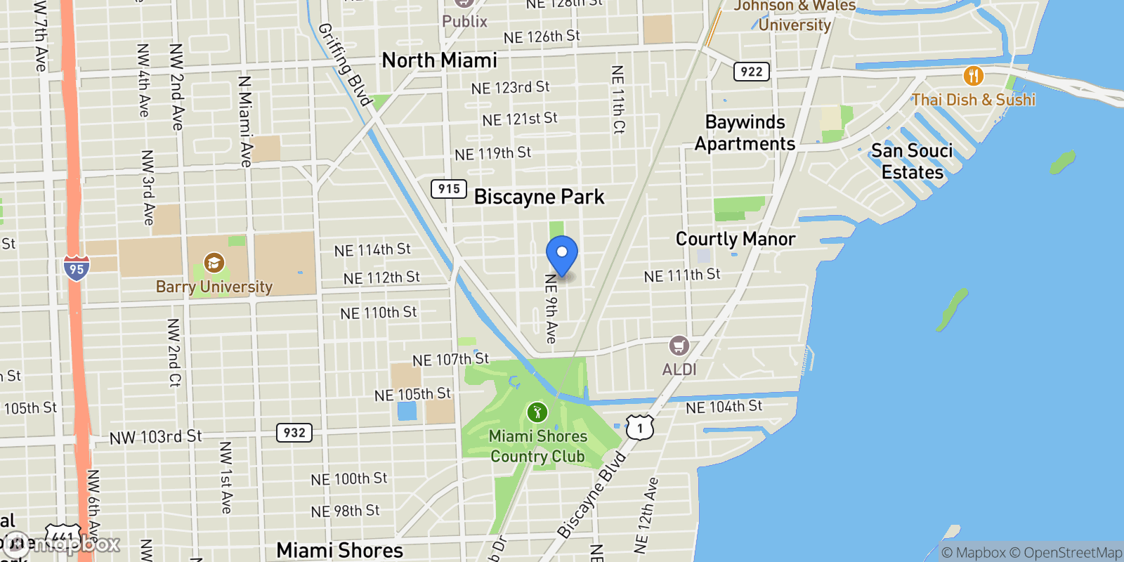 Map showing 11102 NE 9th Ct, Biscayne Park, FL 33161, Miami, Florida, United States.