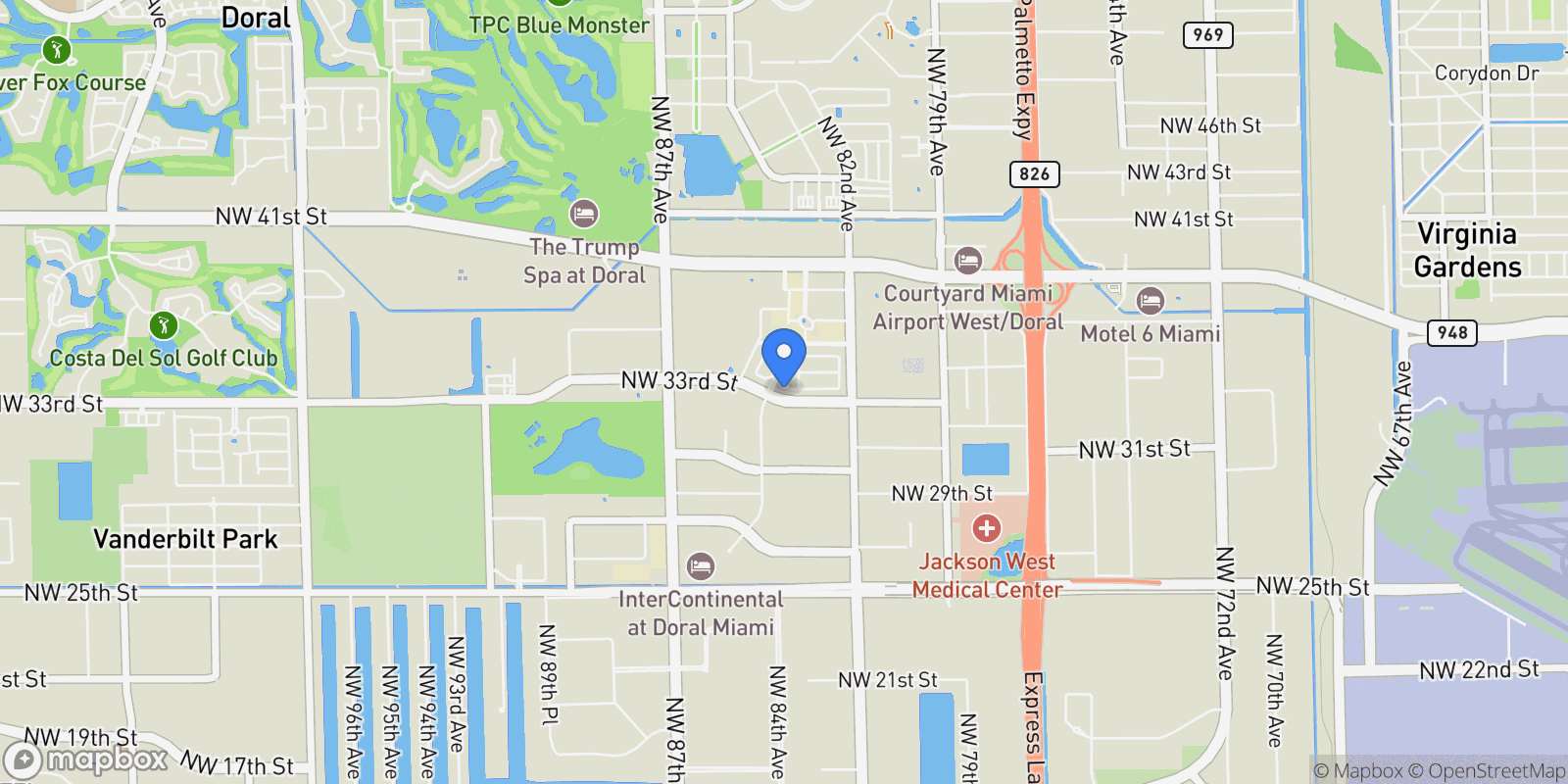 Map showing 8340 NW 33 Terrace, Doral, FL 33122, Miami Springs, Florida, United States.