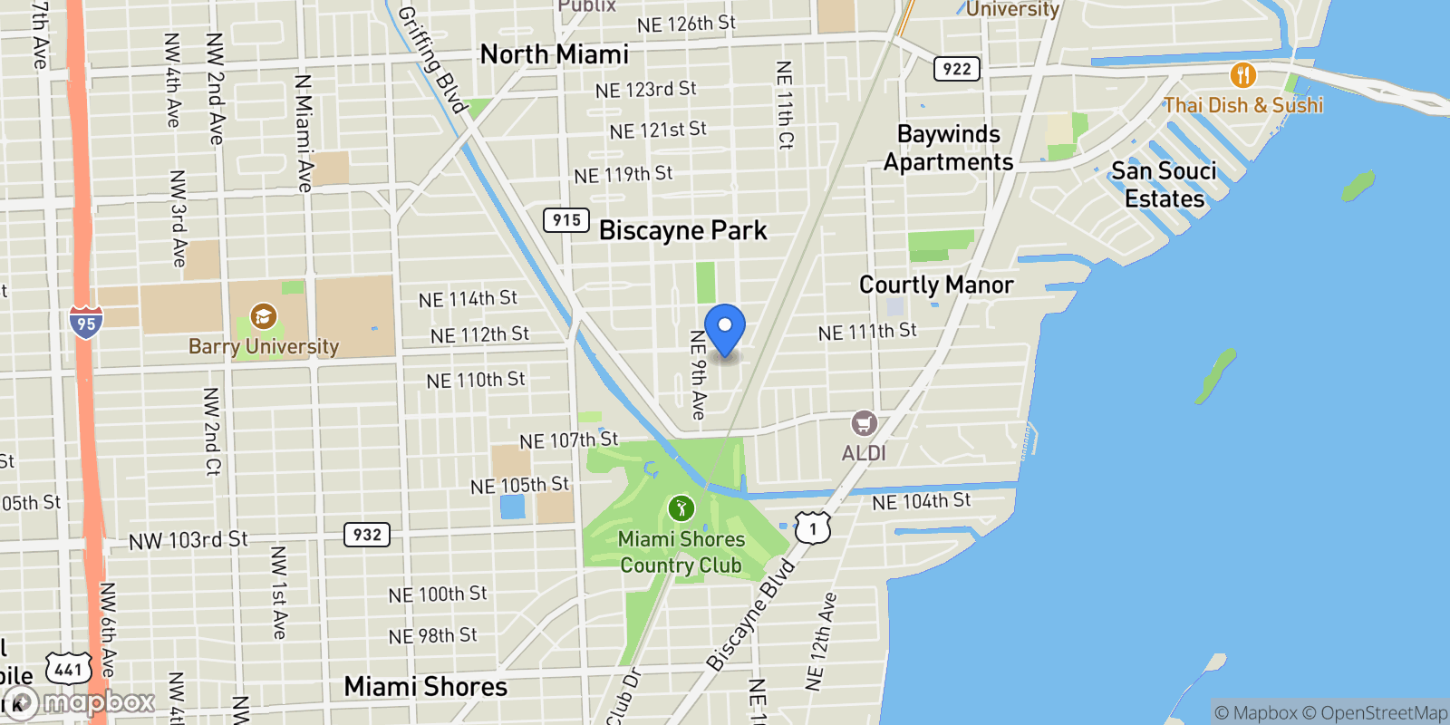 Map showing 11011 NE 9th Ct, Biscayne Park, FL 33161, Miami, Florida, United States.