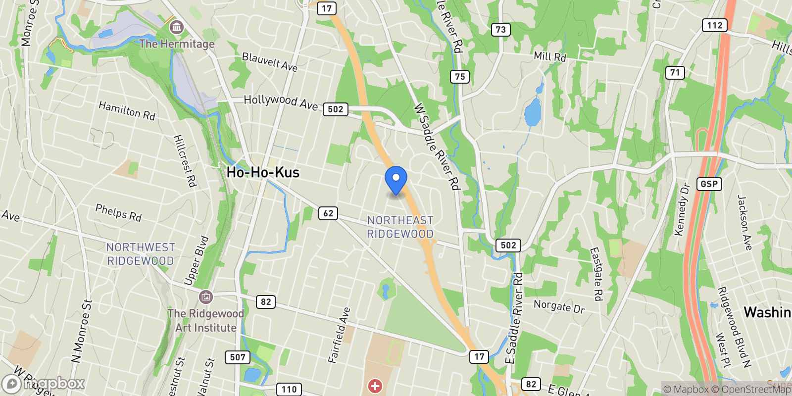 Map showing 92 Arbor Drive, Ho-Ho-Kus, New Jersey, United States.