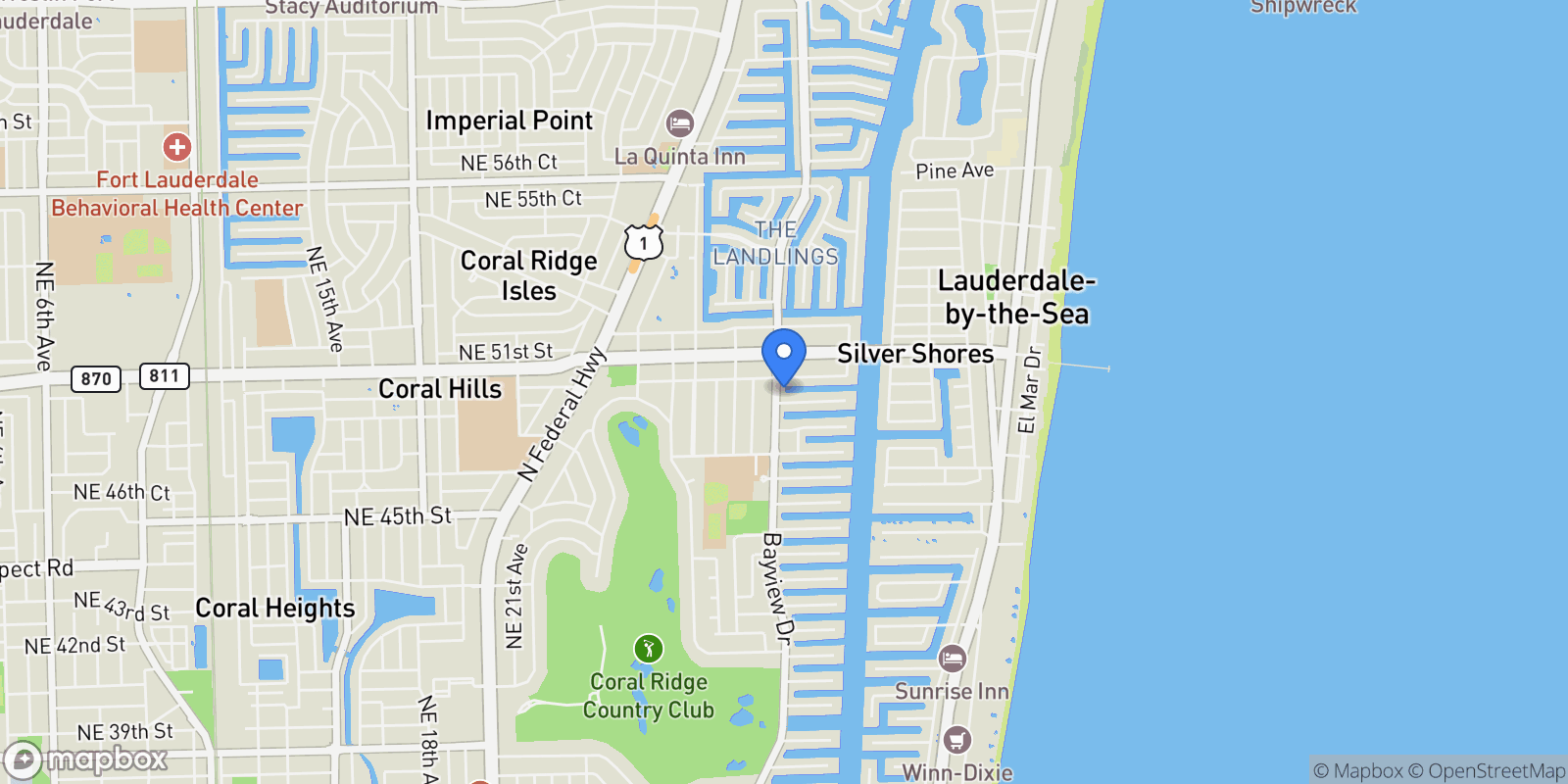 Map showing 4800 E Bayview Dr #901, Fort Lauderdale, FL 33308, Fort Lauderdale, Florida, United States.