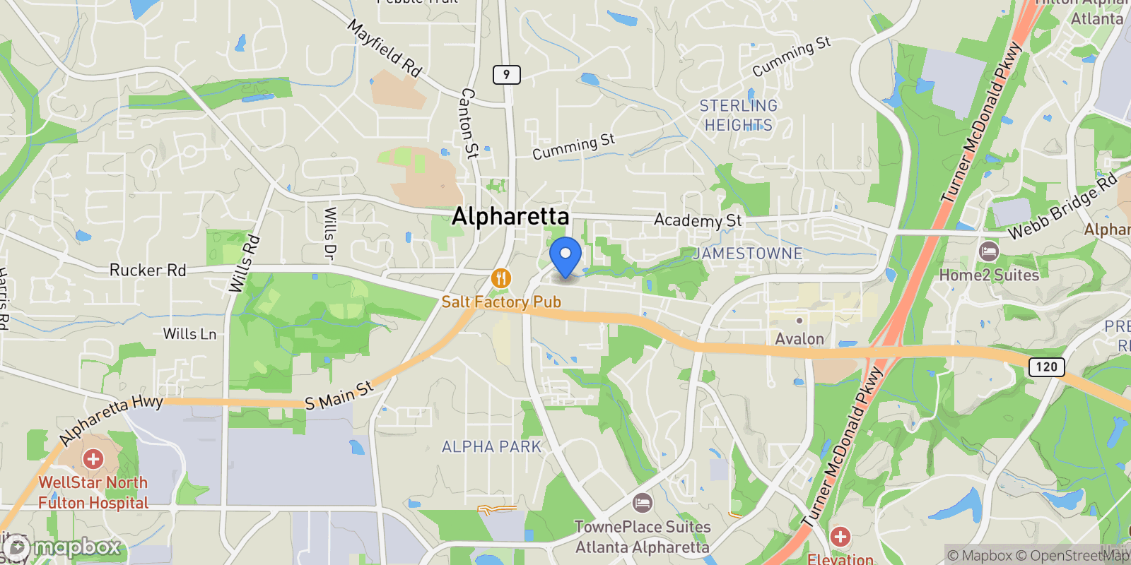 Map showing 115 Alcovy Terrace, Alpharetta, GA 30009, Alpharetta, Georgia, United States.