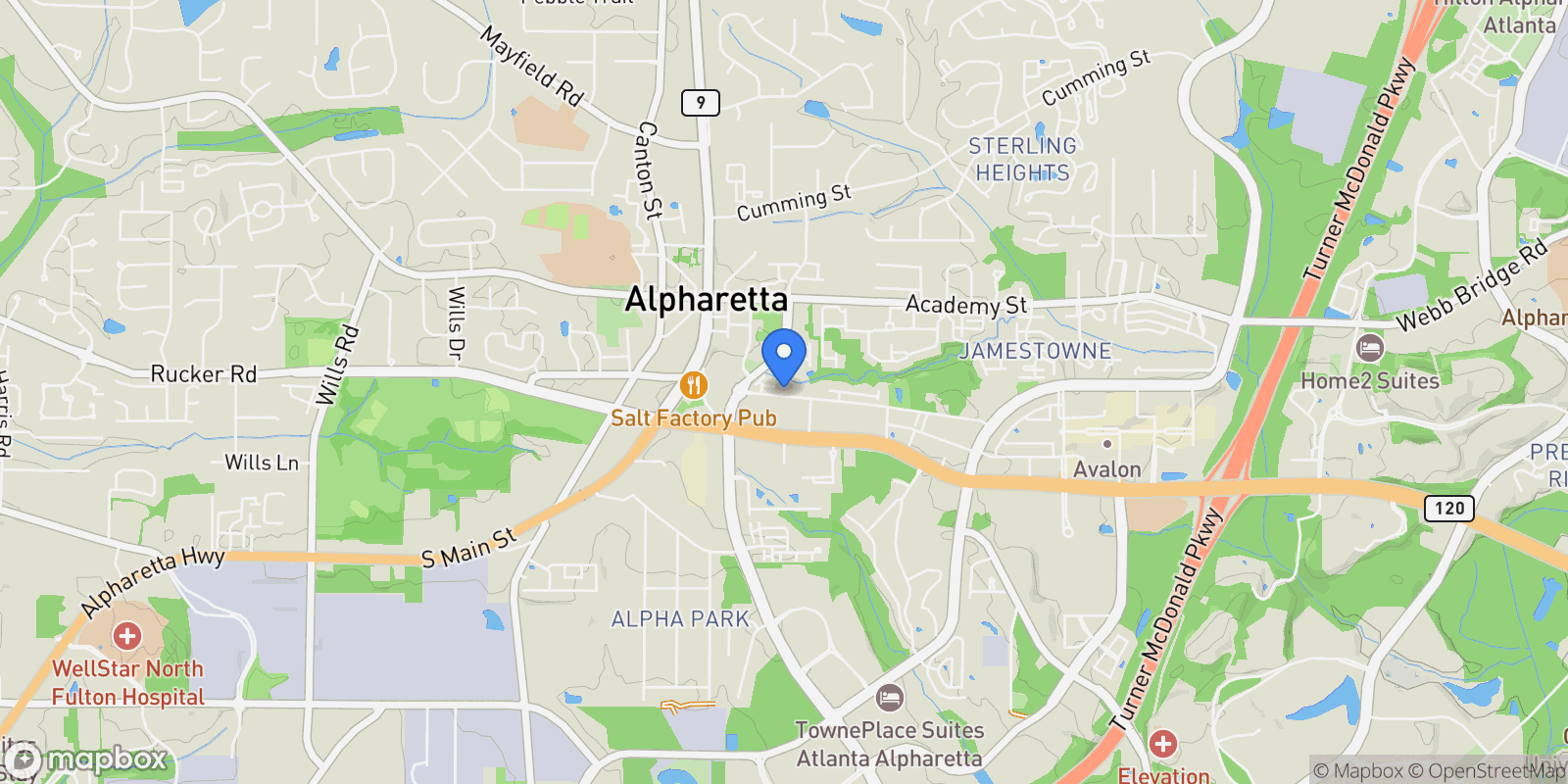 Map showing 115 Alcovy Terrace, Alpharetta, GA 30009, Alpharetta, Georgia, United States.
