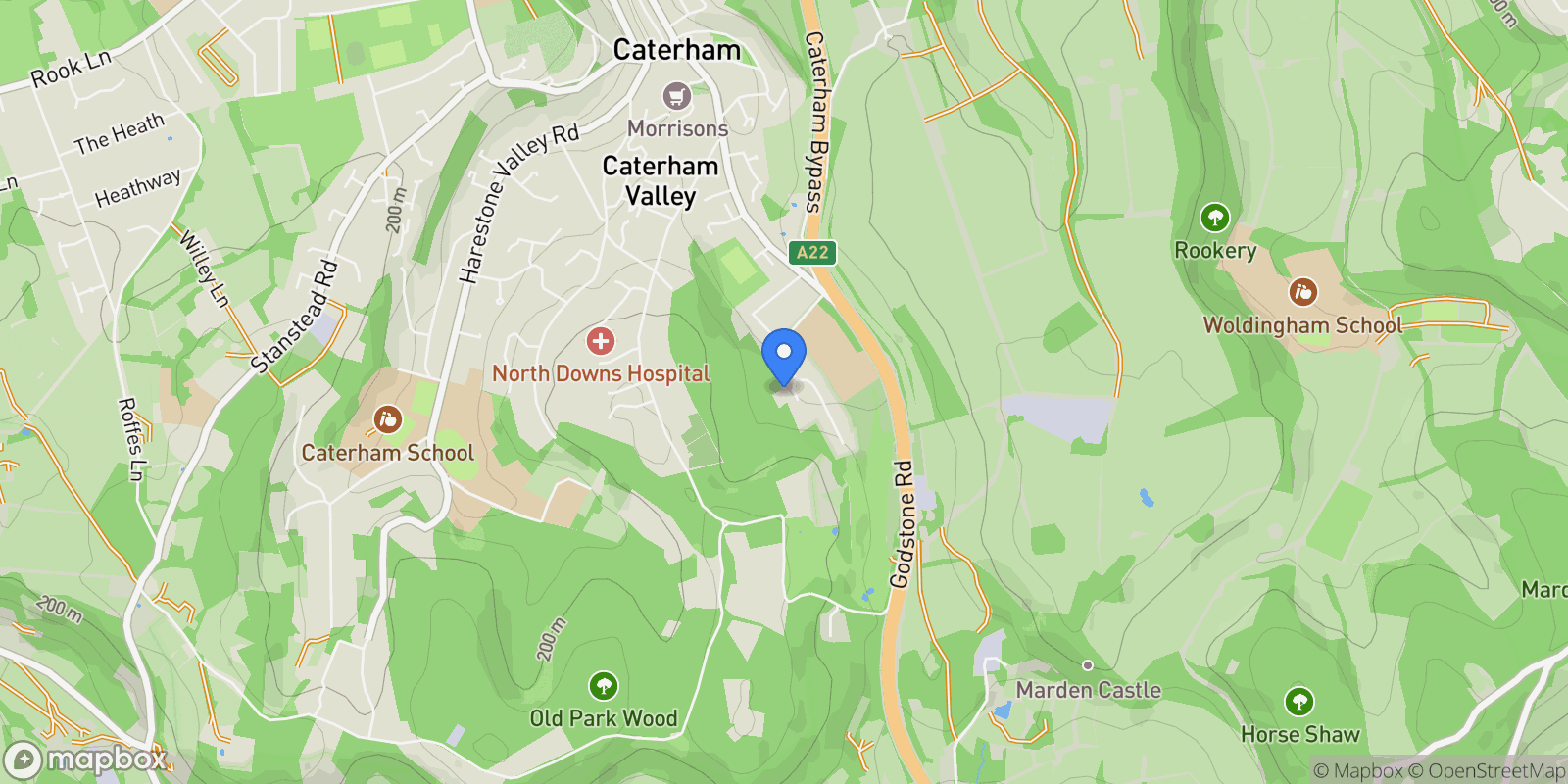 Map showing Woodlands Place, Caterham, England, United Kingdom.