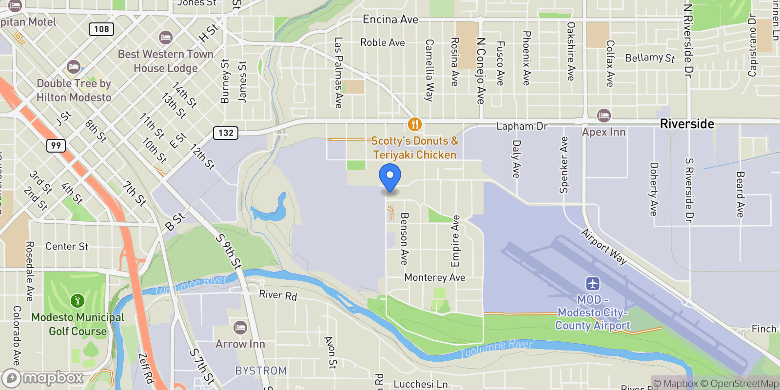 Map showing 420 S Santa Cruz Avenue, Modesto, CA 95354, Modesto, California, United States.