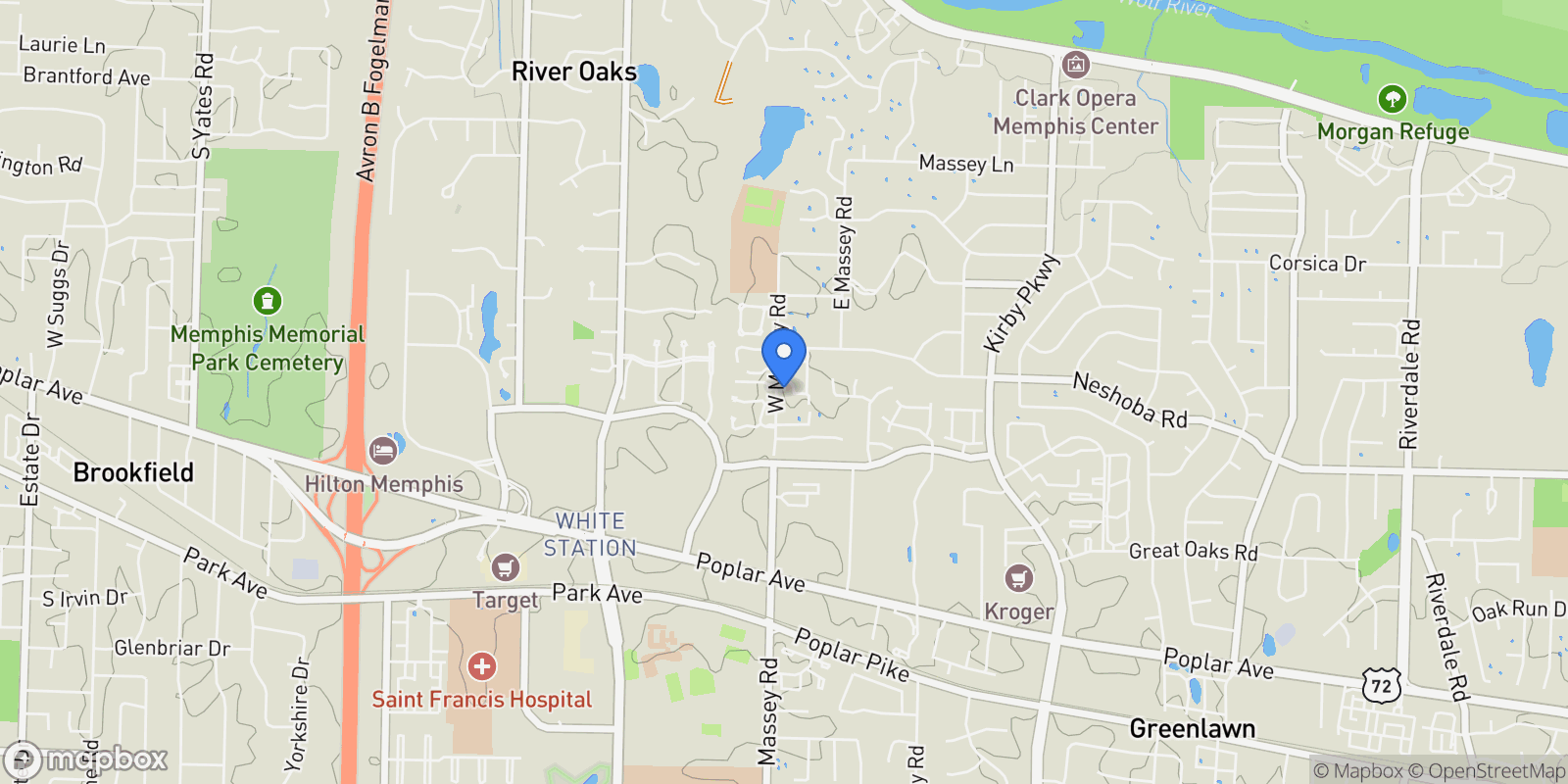 Map showing 6363 W MASSEY MANOR LN, Memphis, TN 38120, Memphis, Tennessee, United States.