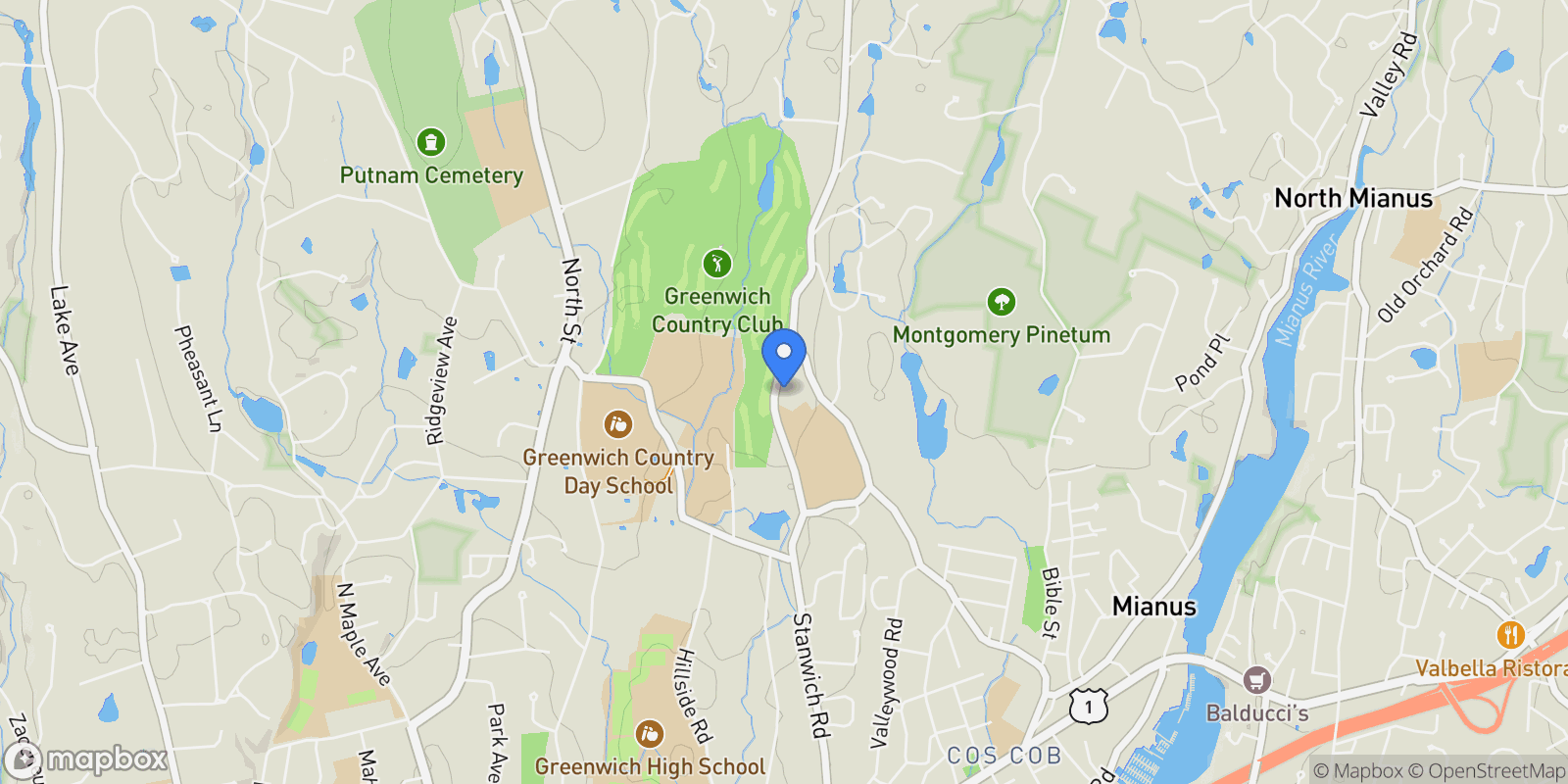 Map showing 99 Stanwich Road, Greenwich, CT 06830, Greenwich, Connecticut, United States.