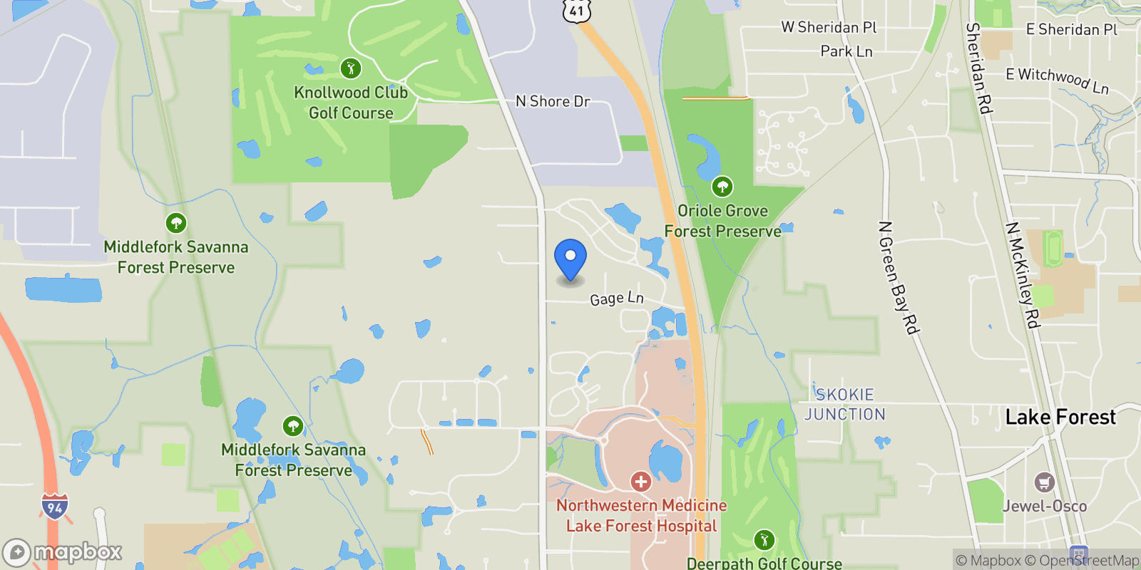 Map showing 950 Gage Lane, Lake Forest, IL 60045, Lake Bluff, Illinois, United States.