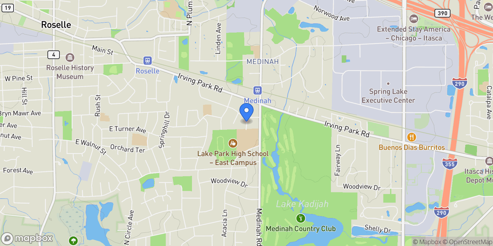Map showing 22W425 Broker Road, Medinah, IL 60157, Roselle, Illinois, United States.