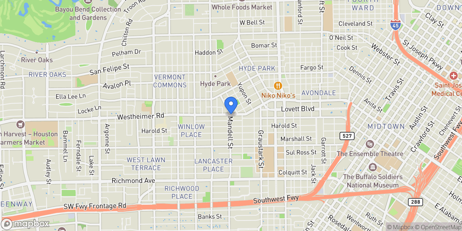 Map showing 1539 Westheimer Corner, Houston, Texas, United States.
