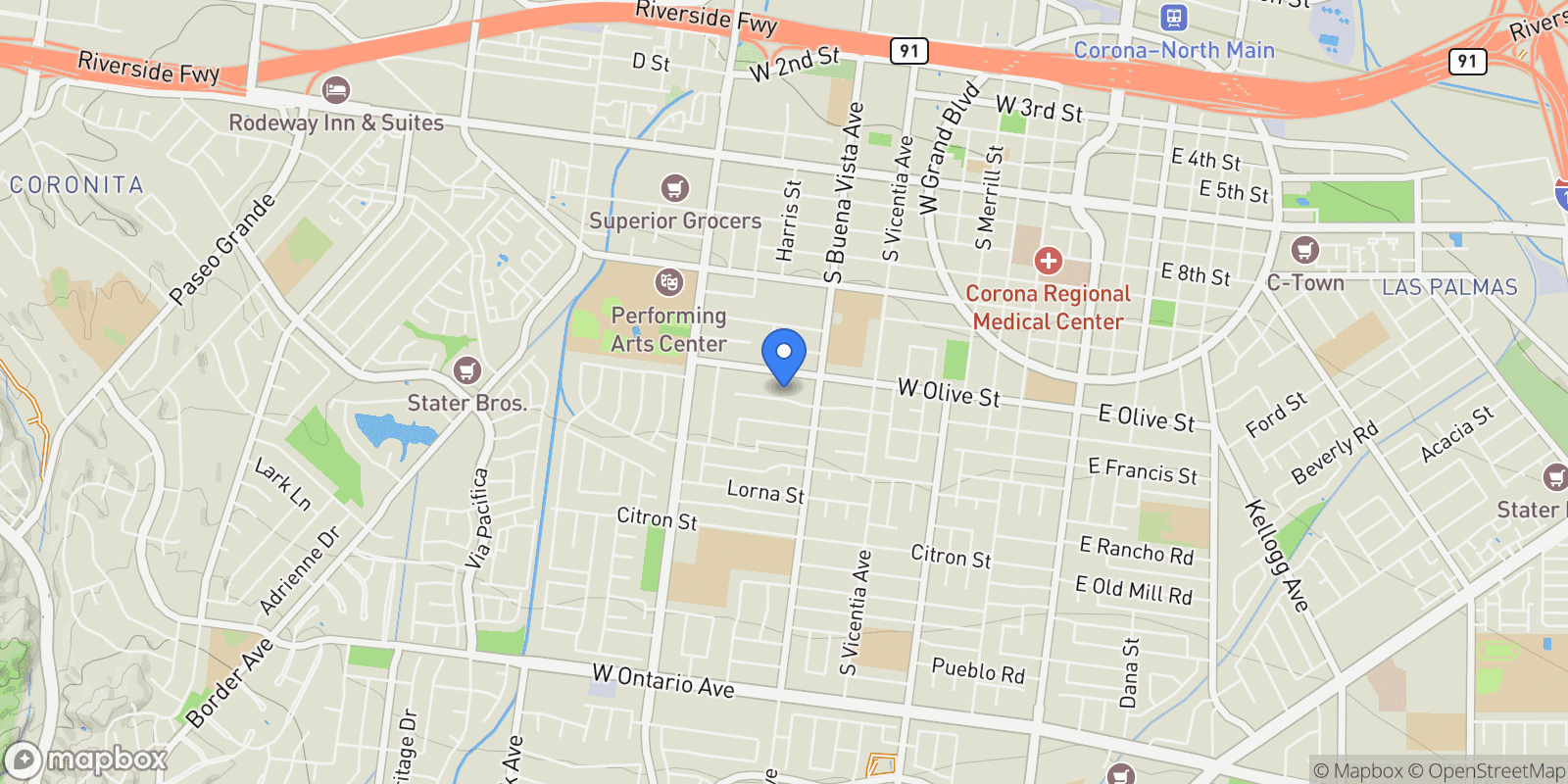 Map showing 951 W Kendall, Corona, California, United States.