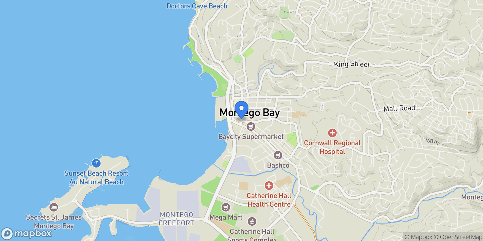 Map showing Montego Bay, Jamaica, Montego Bay, St. James Parish, Jamaica.