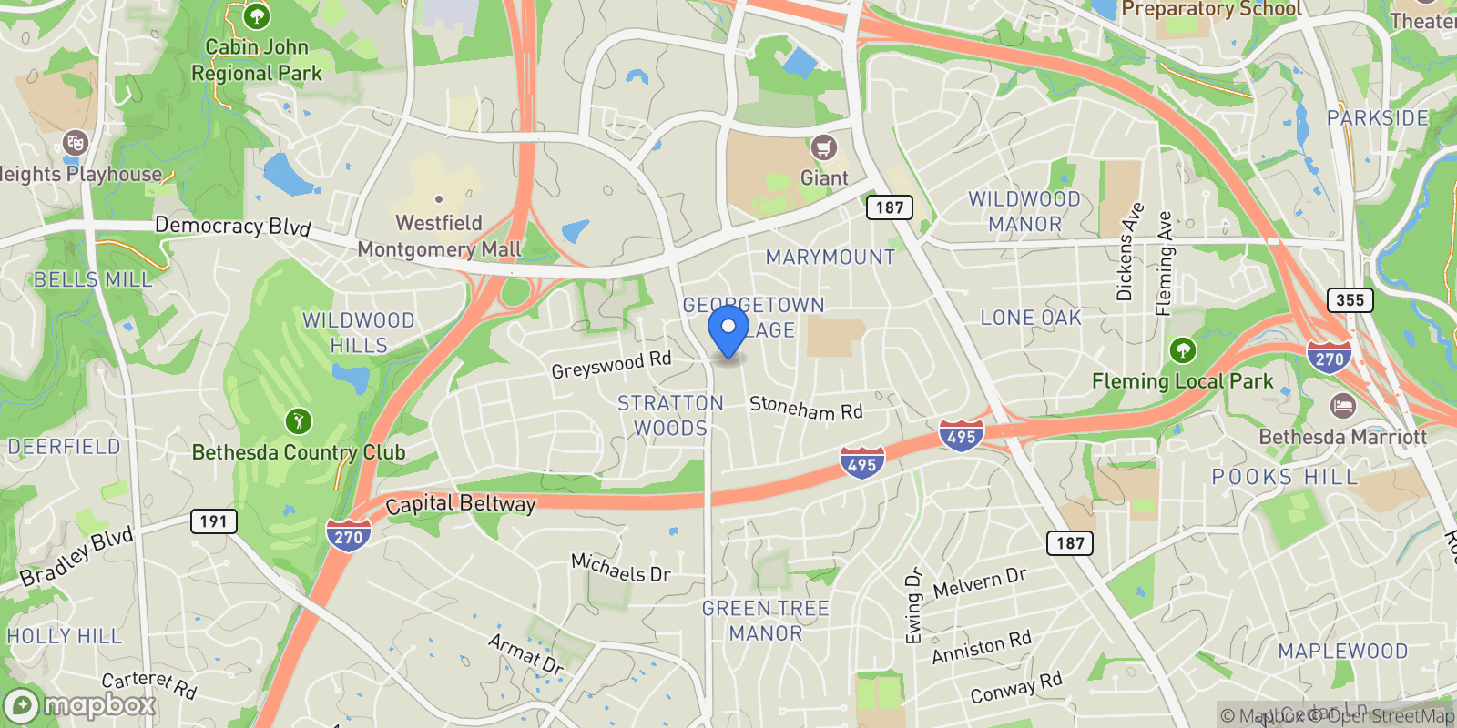 Map showing 6502 GREYSWOOD RD, Bethesda, Maryland, United States.