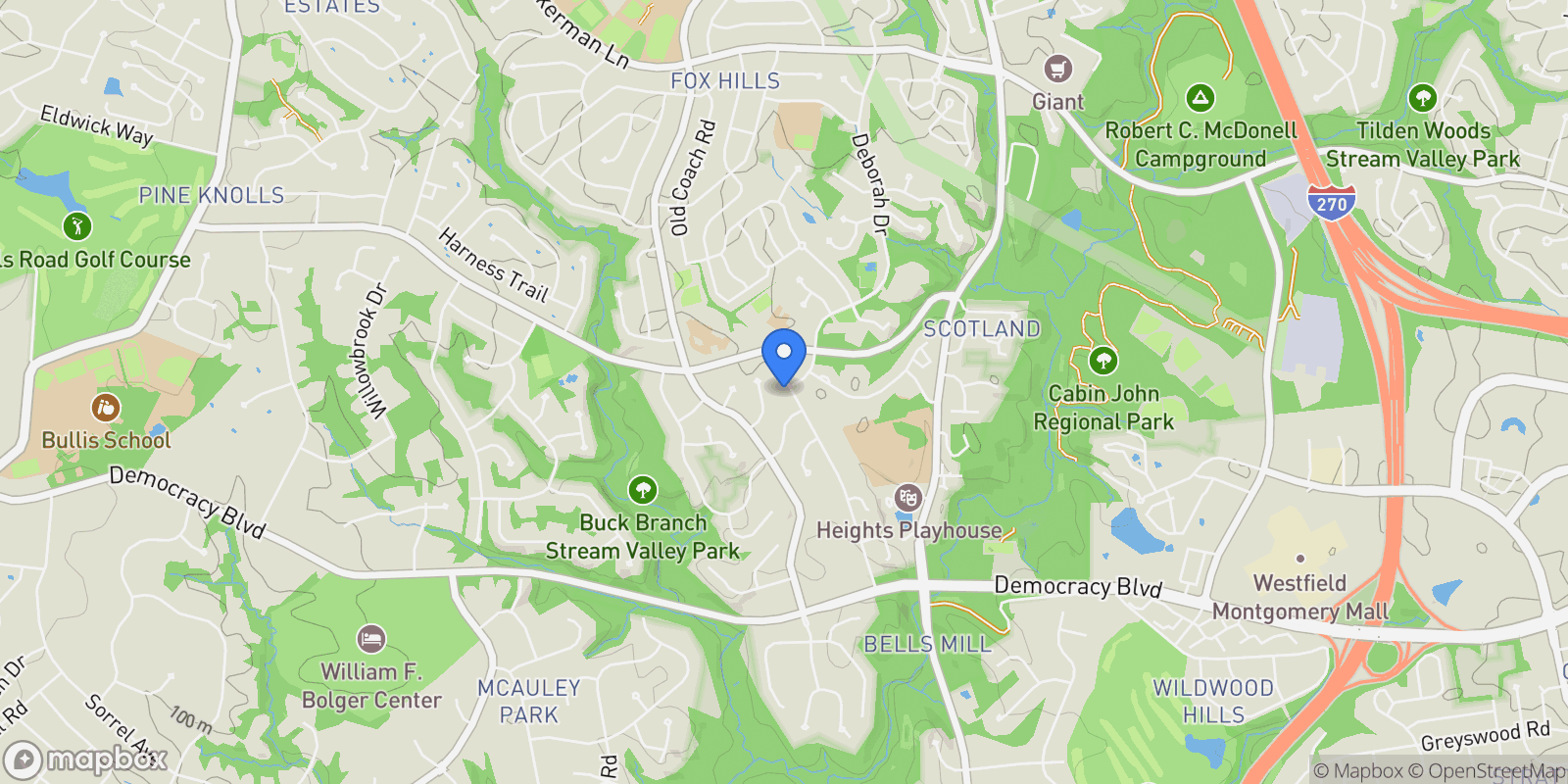 Map showing 10612 DEMOCRACY LN, Rockville, Maryland, United States.