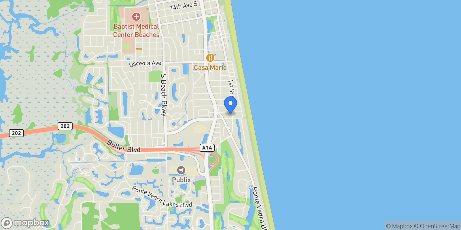 Map showing 3618 S 1ST Street, Jacksonville Beach, Florida, United States.