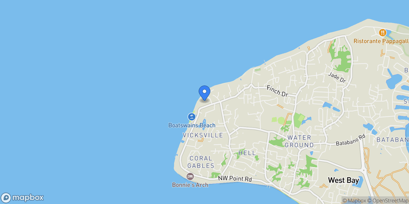 Map showing West Bay, West Bay, West Bay, Cayman Islands.