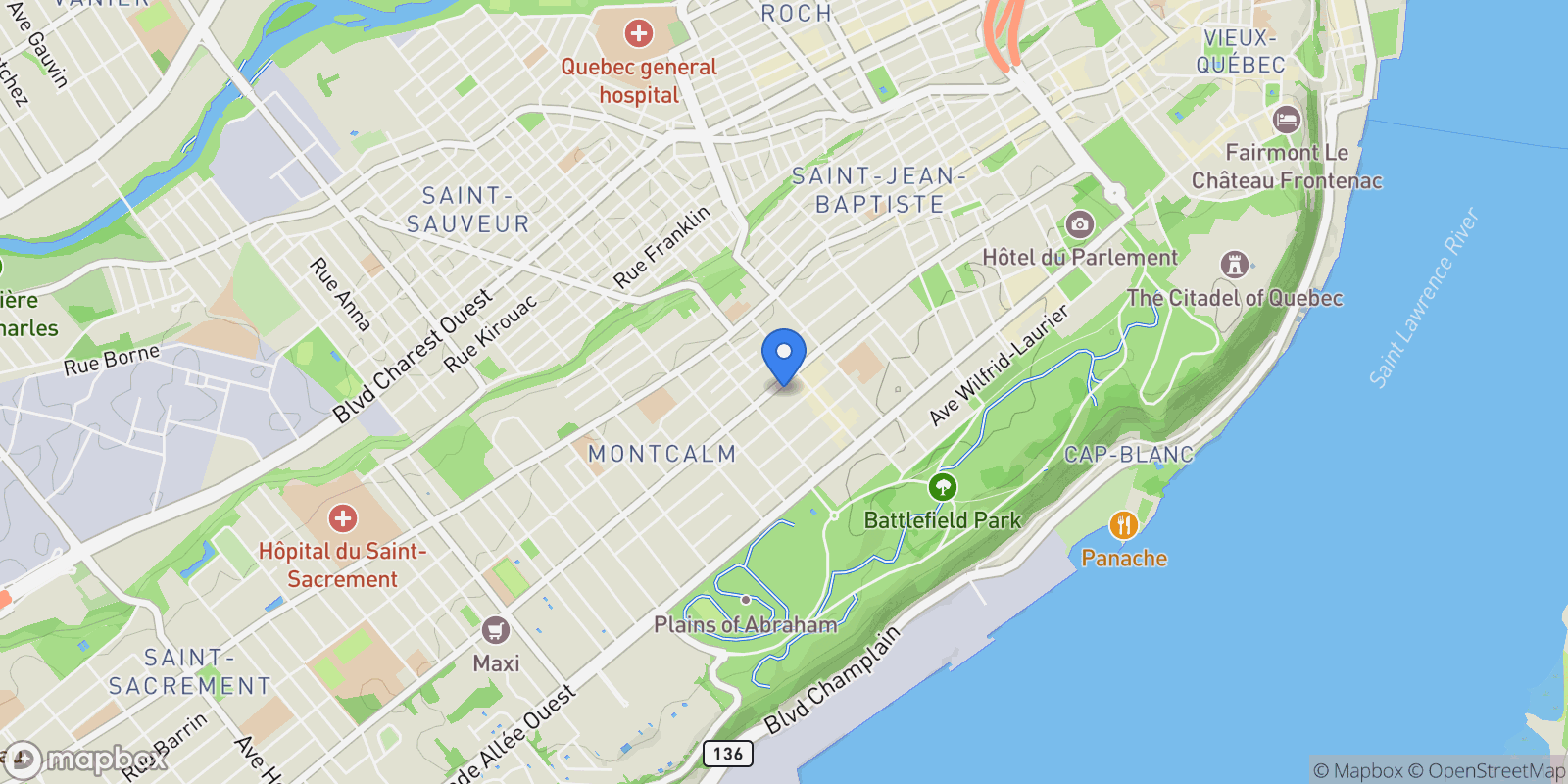 Map showing 125 127 Boul. René-Lévesque O., Quebec City, Quebec, Canada.