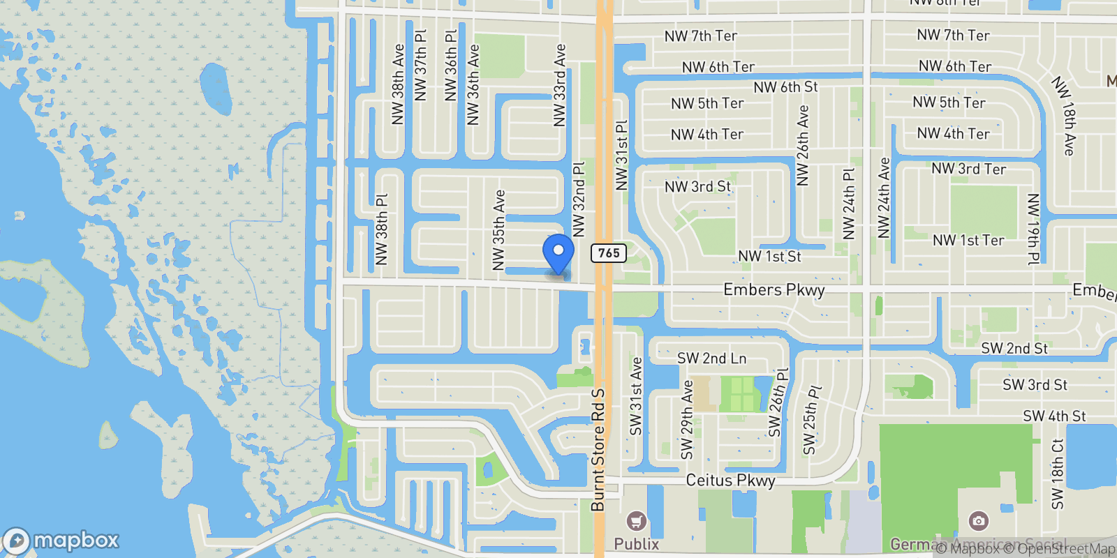 Map showing 3231 Embers Pkwy W, Cape Coral, FL 33993, Cape Coral, Florida, United States.