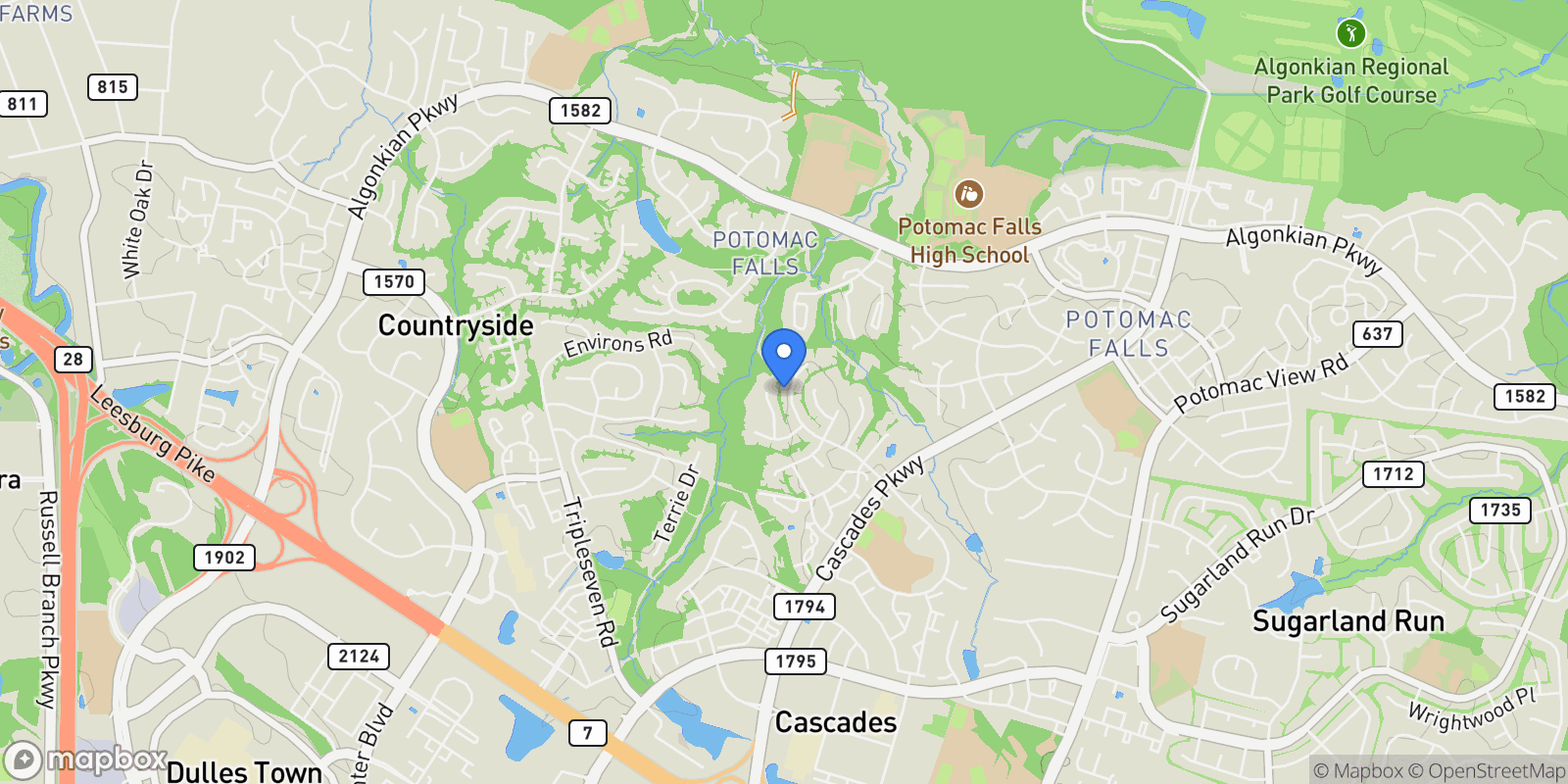 Map showing 20627 Cutwater Place, Potomac Falls, Virginia, United States.